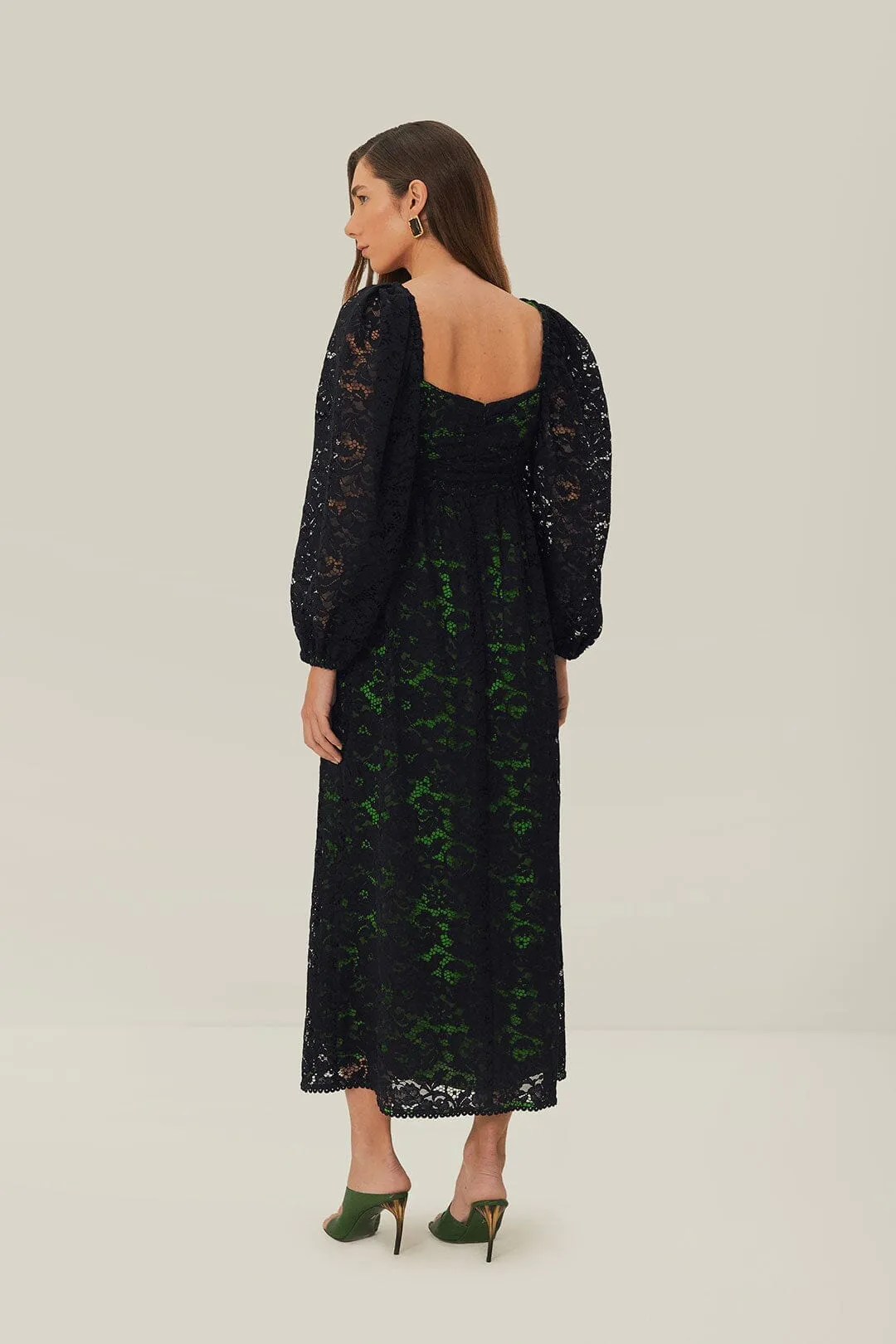 Perfect outdoor event dress Flower Lane Black Lace Long Sleeve Midi Dress
