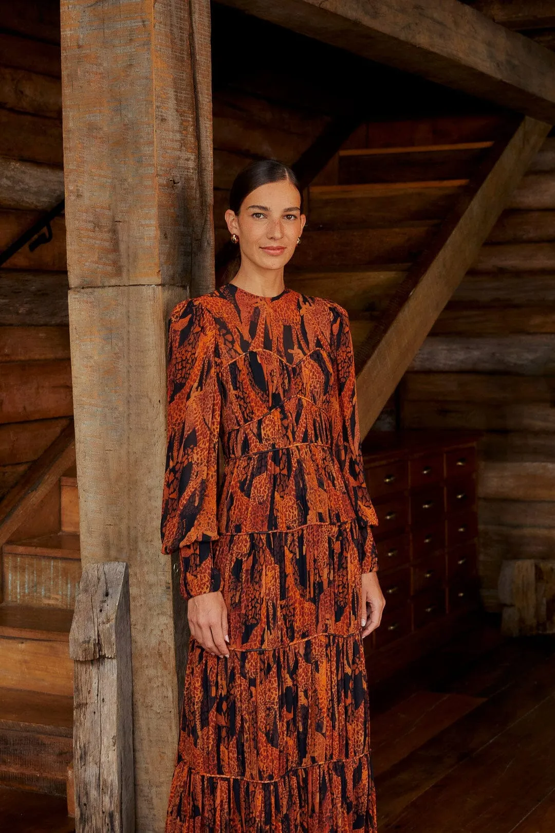 Autumn Gold Black Giraffes Puff Sleeve Maxi Dress