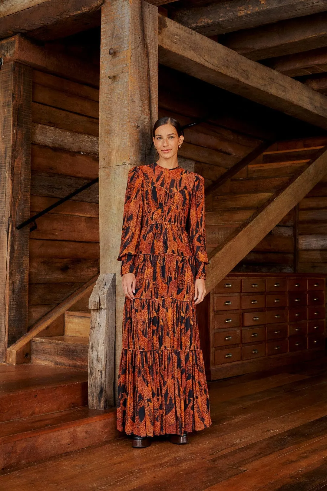 Beautiful floor-skimming dress Onyx Shine Black Giraffes Puff Sleeve Maxi Dress