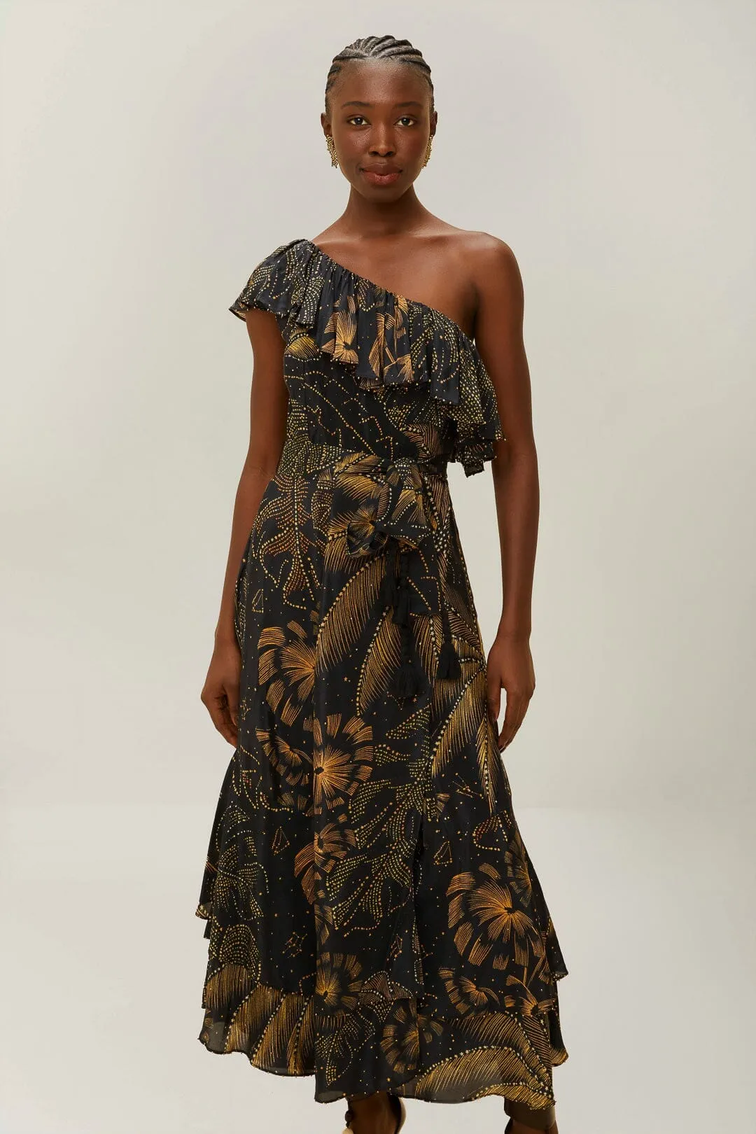 Glass Glow Black Golden Foliage One-Shoulder Maxi Dress