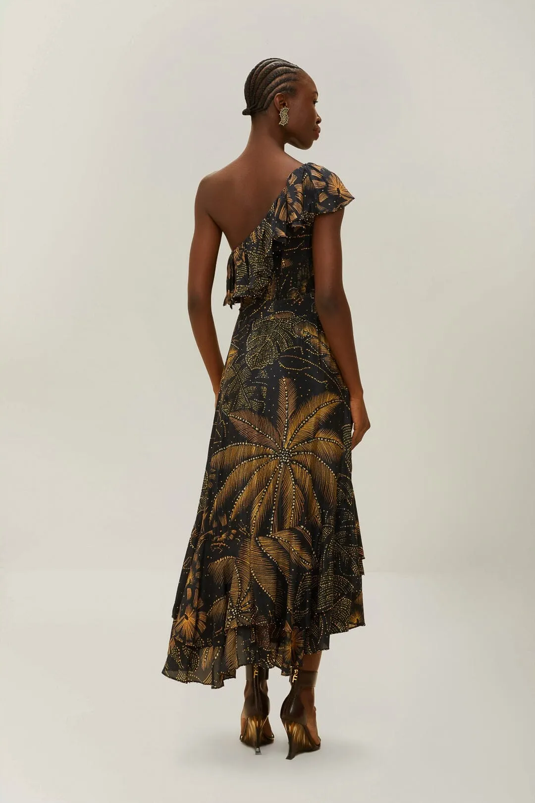 Clear Day The sleek lines of this maxi dress create a flattering and elegant look for any event Black Golden Foliage One-Shoulder Maxi Dress