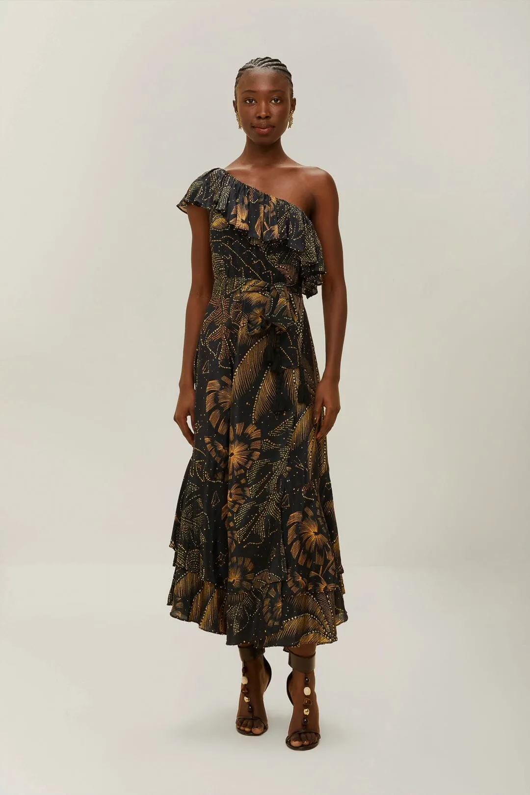 Happy Vibe Black Golden Foliage One-Shoulder Maxi Dress