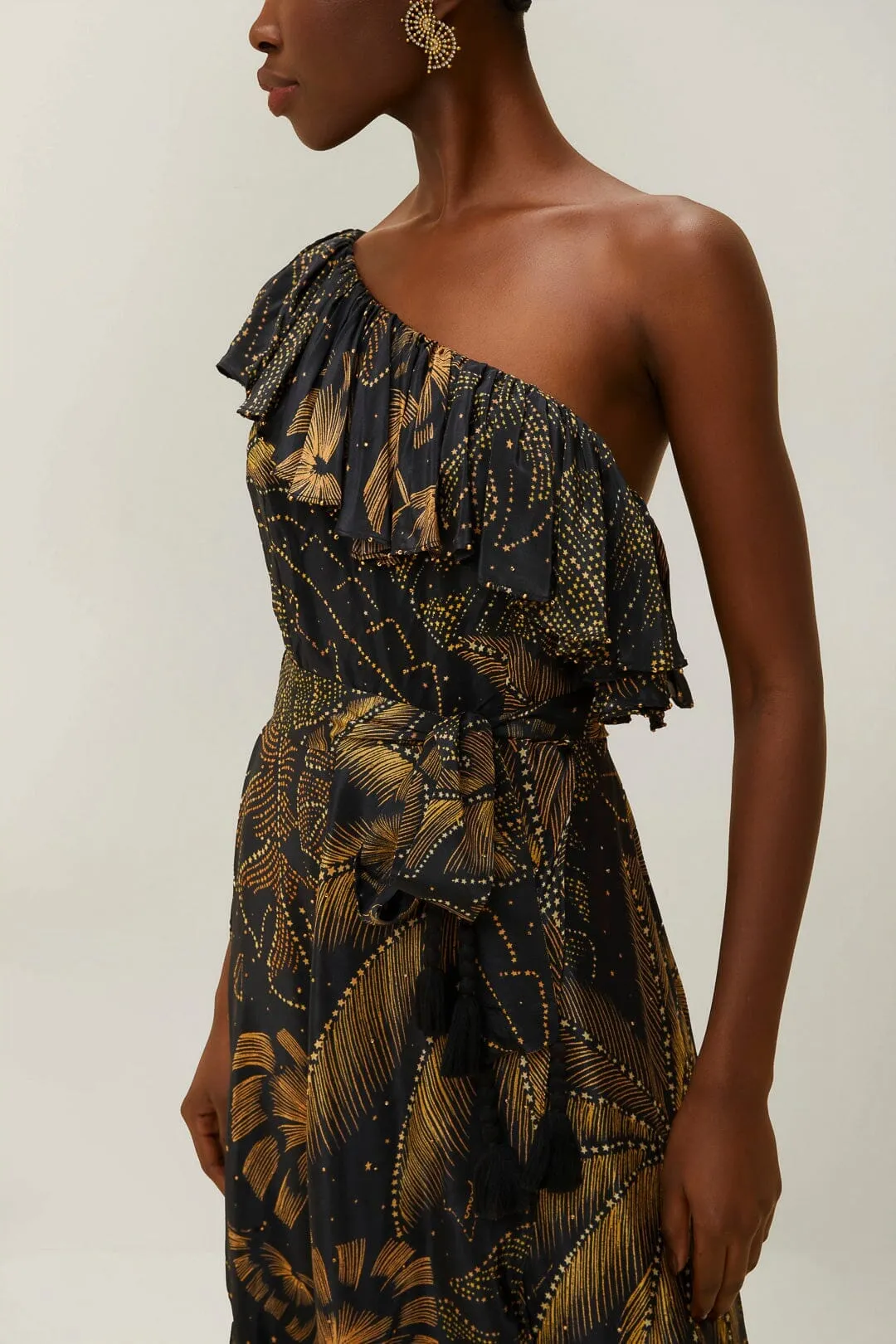 Candle Glow Whether worn for a casual day out or an evening event this maxi dress always looks chic Black Golden Foliage One-Shoulder Maxi Dress