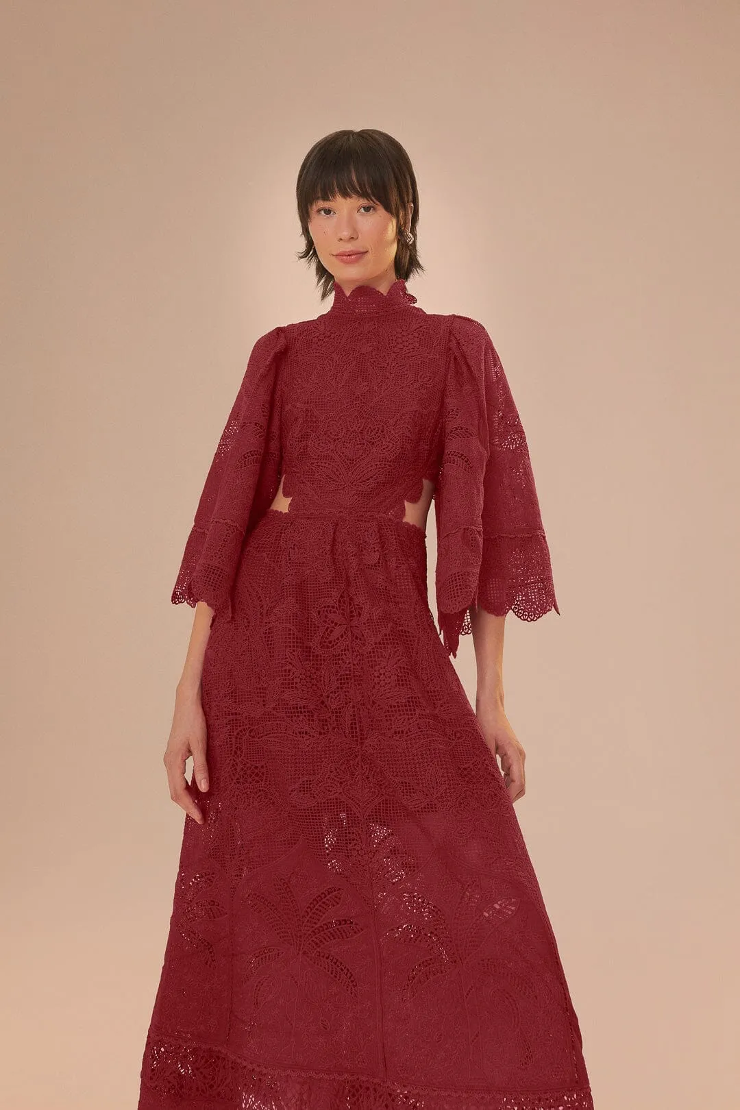 Dark Magenta Guipire Cut-Out Midi Dress Korean Vibe Chic Layers