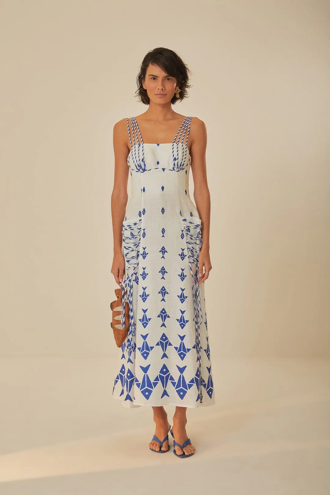 This dress features a classic design that works well for both day and night wear Gala Mood Off-White Graphic Fishes Euroflax? Premium Linen Maxi Dress
