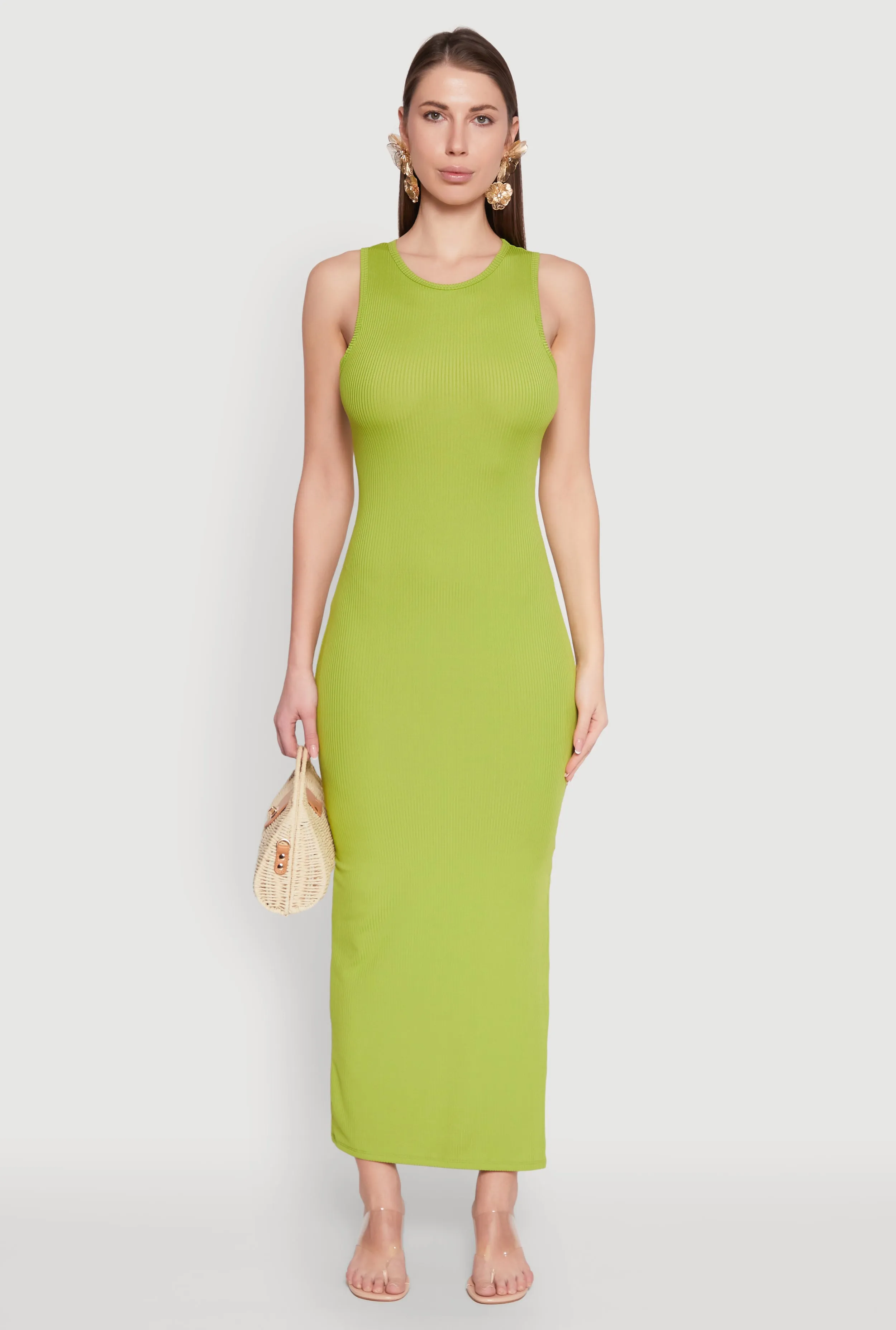 Morning Mist Orchard Walk Rib Knit Side Slit Maxi Dress
