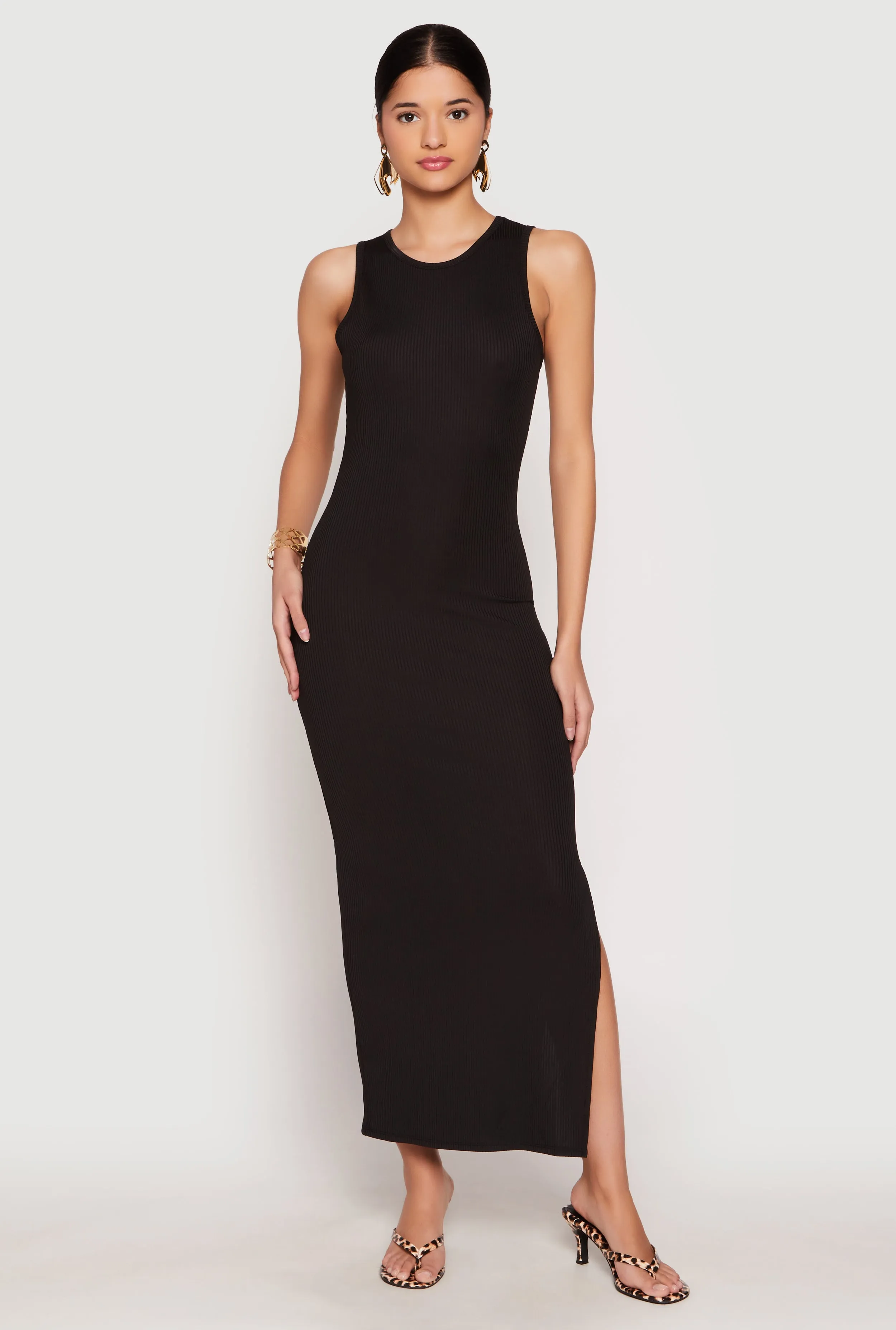Ribbed Knit Side Slit Tank Maxi Dress Boho Spirit Pleat Art