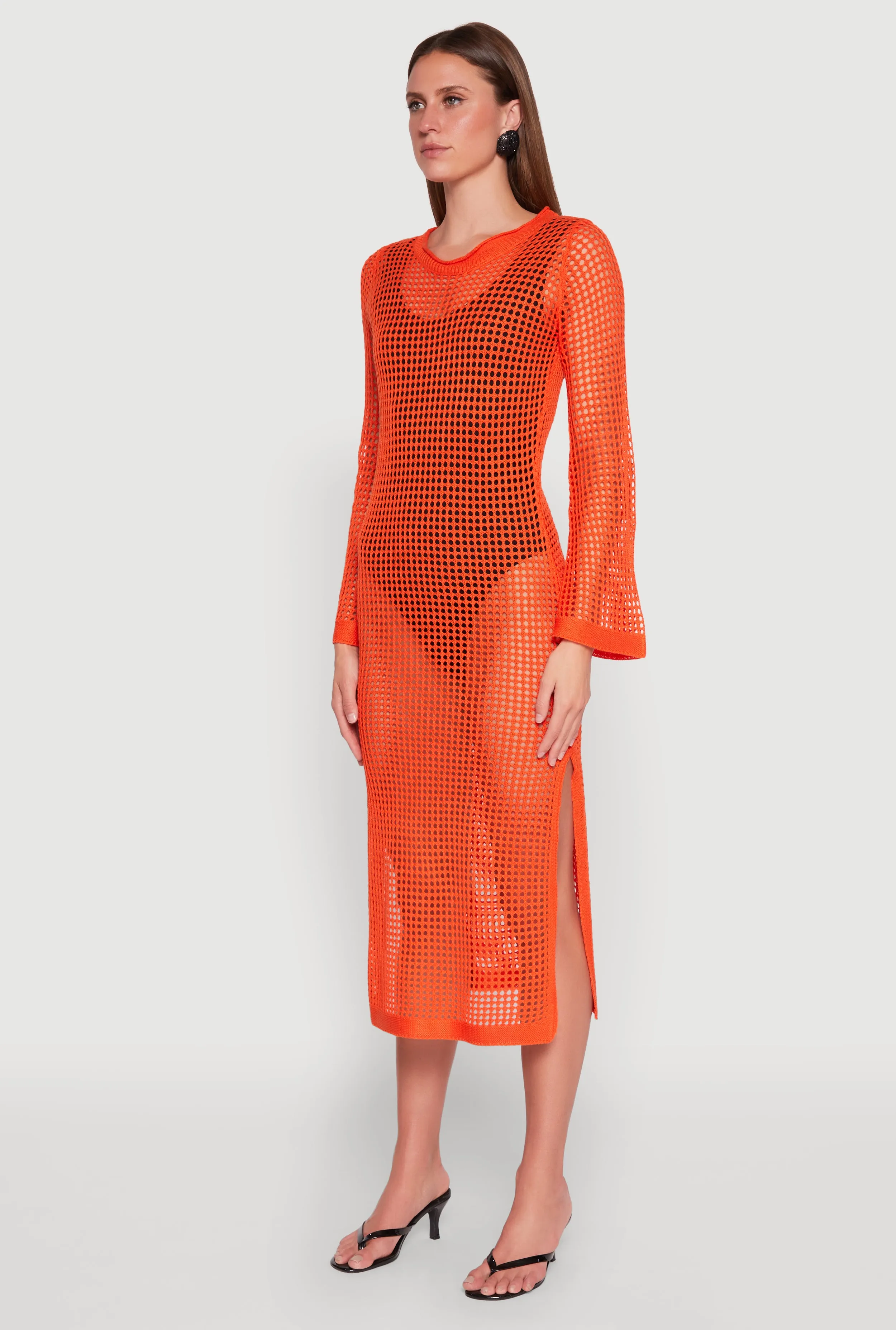 Almost Famous Crochet Side Slit Maxi Dress Peach Soft Galaxy Mist