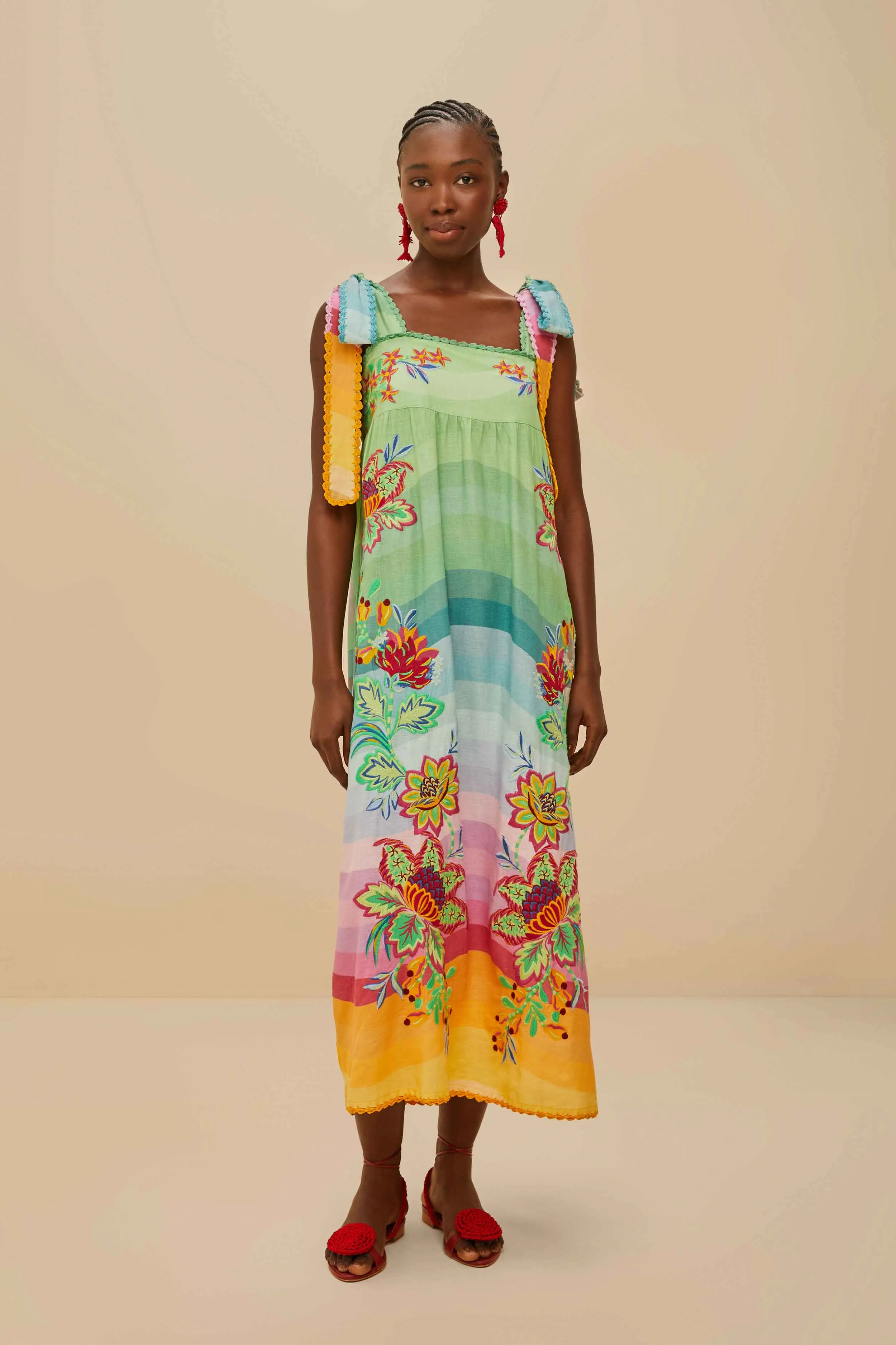 Onyx Glow Comfortable chic maxi Multicolor Aura Floral Embroidered Euroflax? Premium Linen Maxi Dress