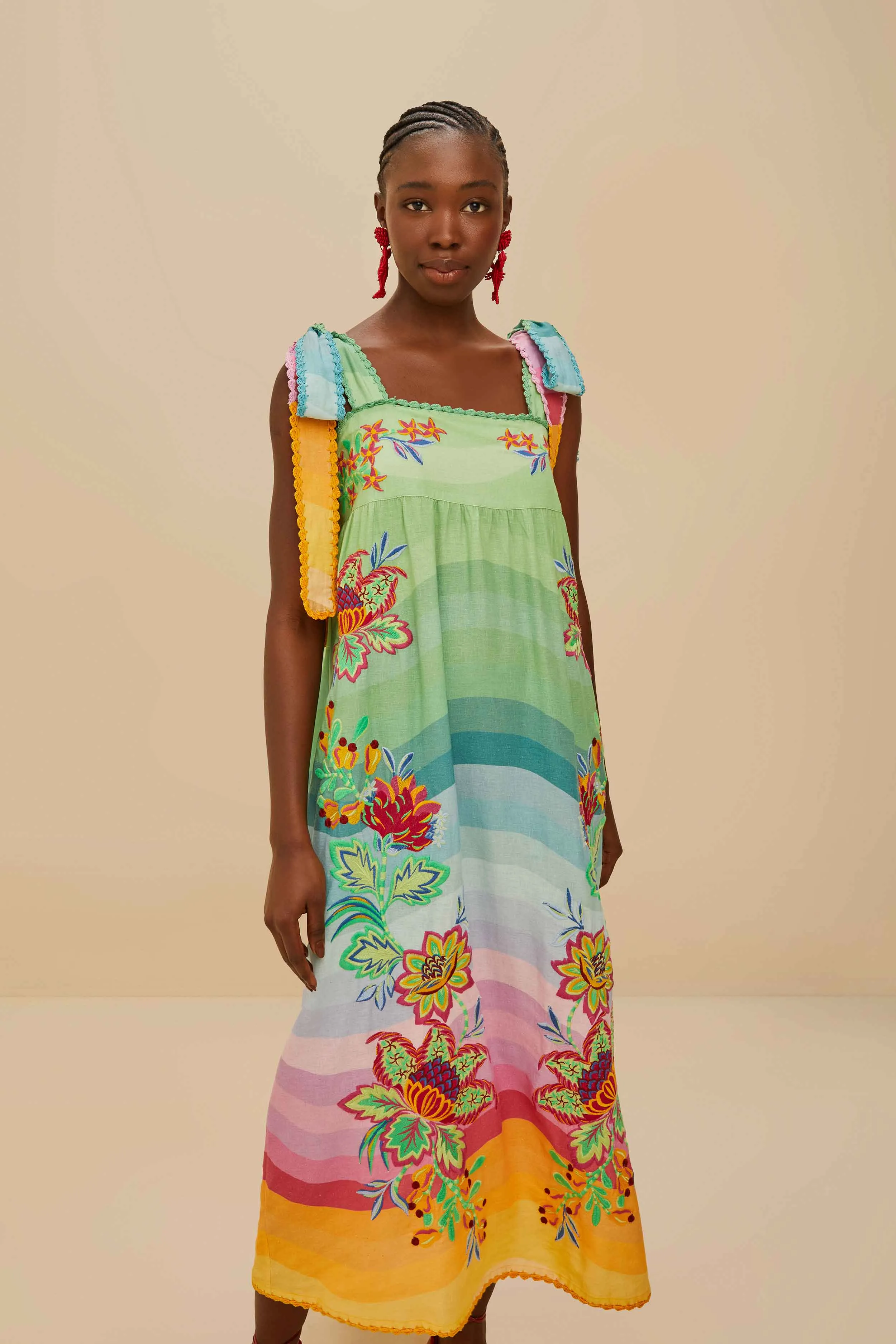 Multicolor Aura Floral Embroidered Euroflax? Premium Linen Maxi Dress Metal Glow