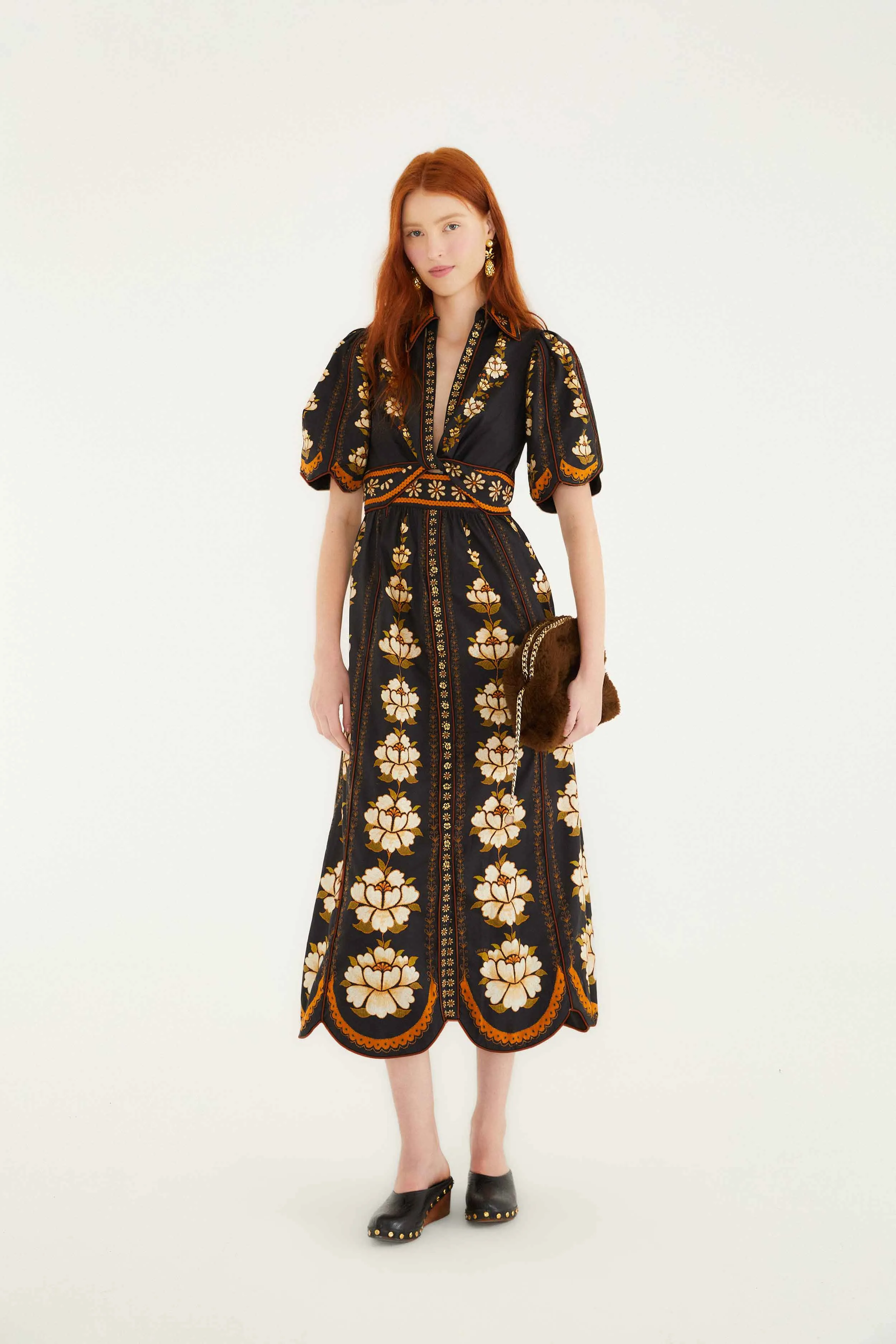 Fashion-forward piece for evening subtle style Black Embroidered Flowers Organic Cotton Midi Dress