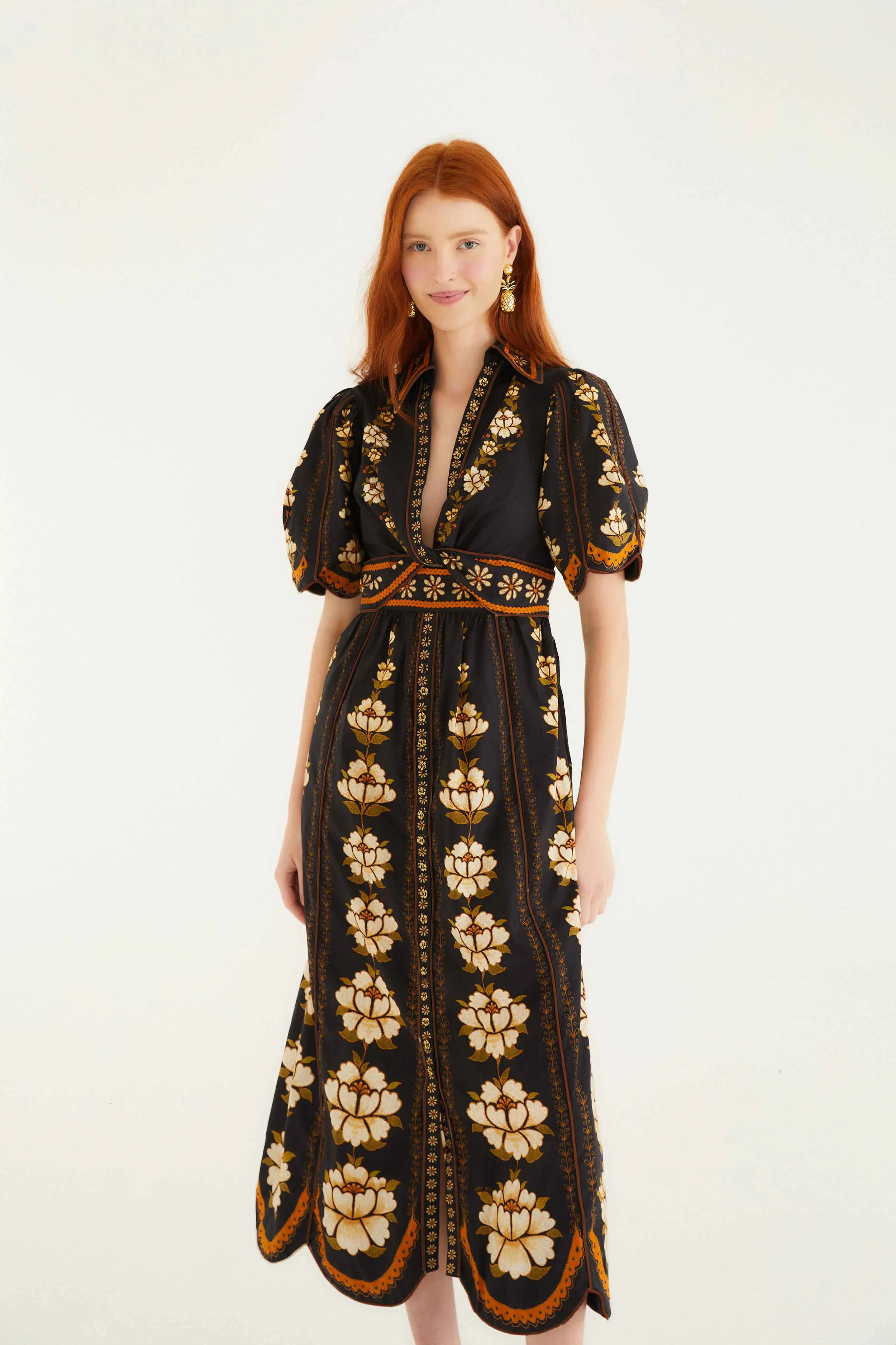 Black Embroidered Flowers Organic Cotton Midi Dress summer breeze Modern feminine style
