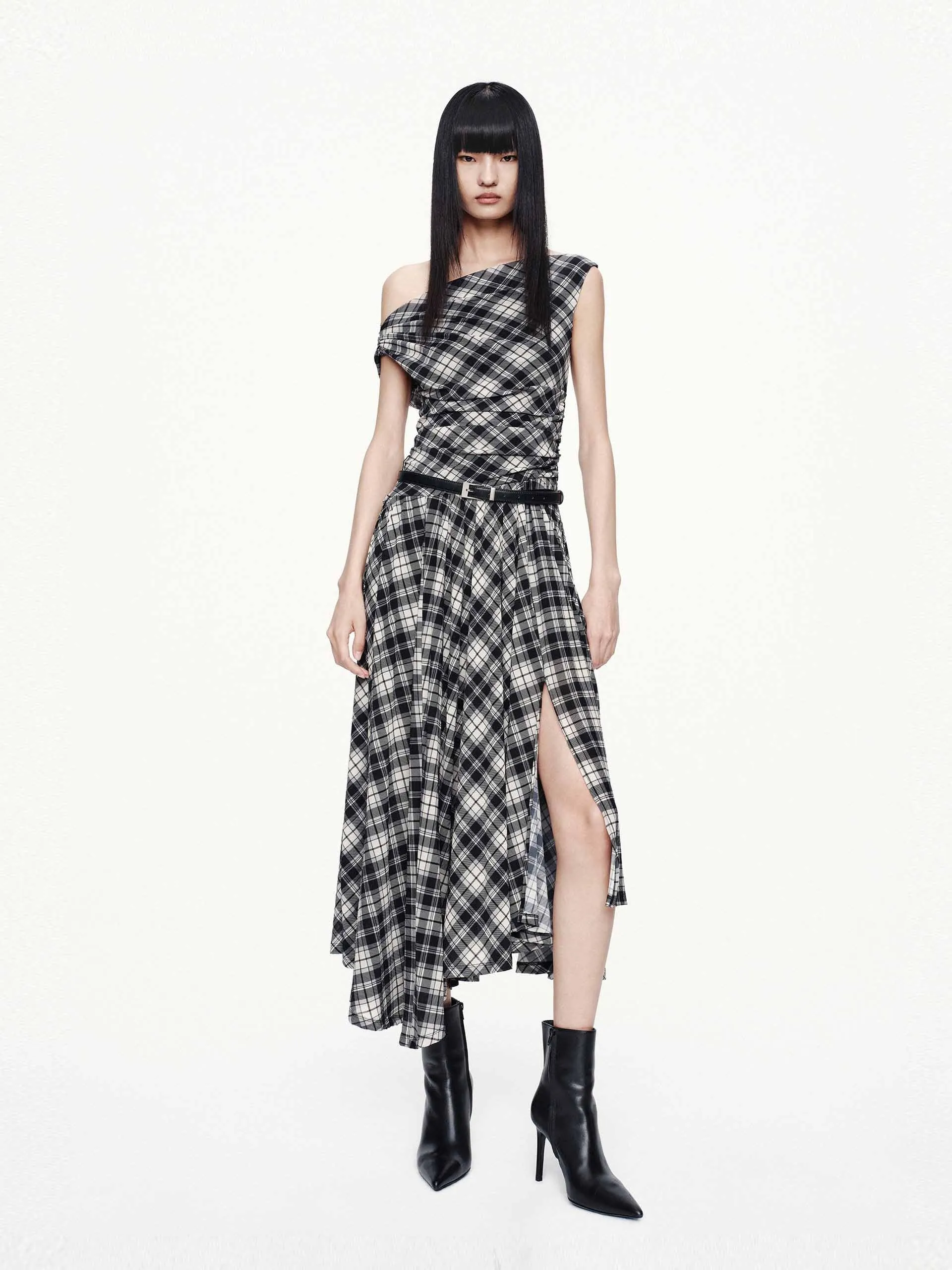 Practical travel midi Icluded Belt Plaid Dress