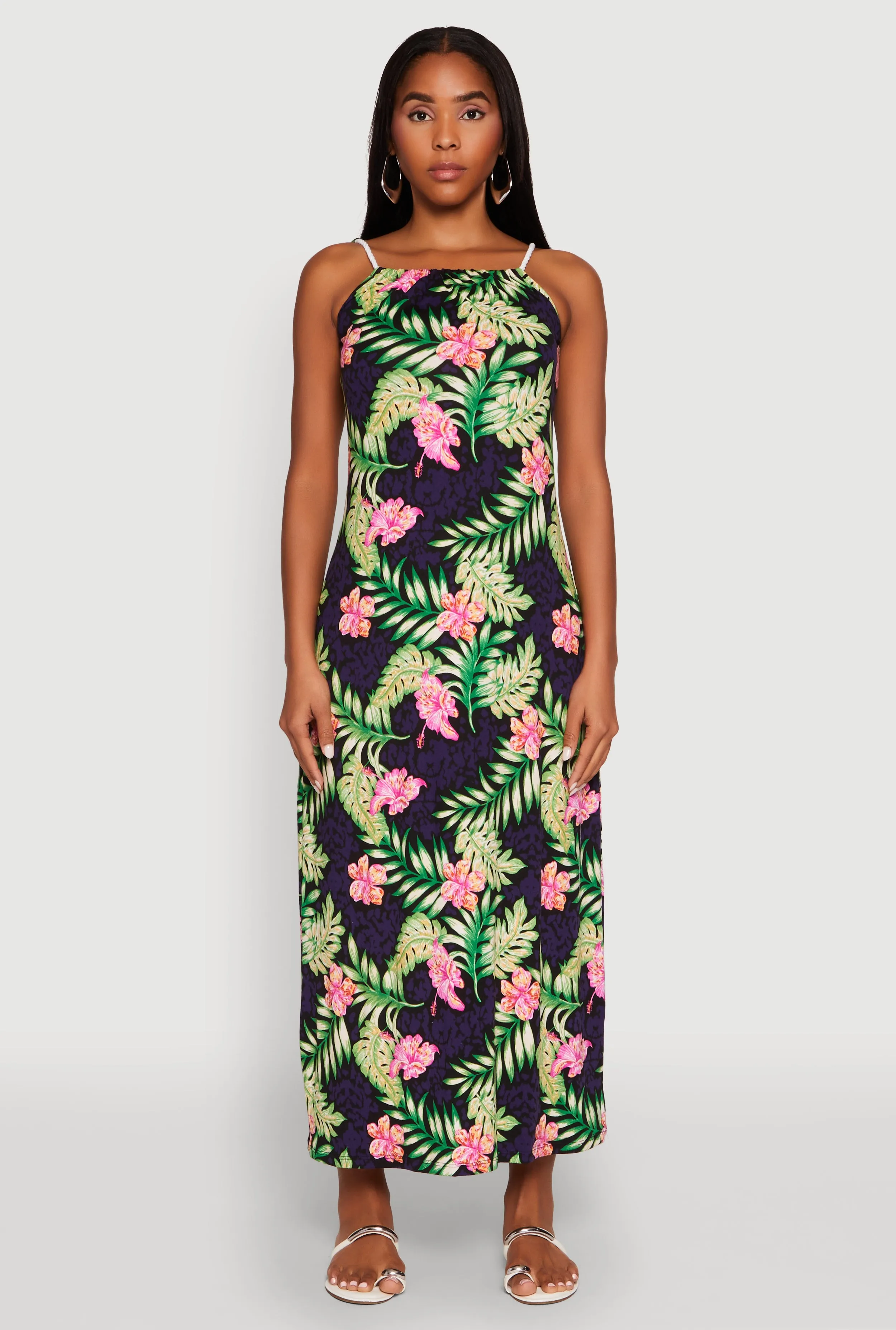 Poplin Glow Evening Gold Tropical Floral Print Maxi Sundress