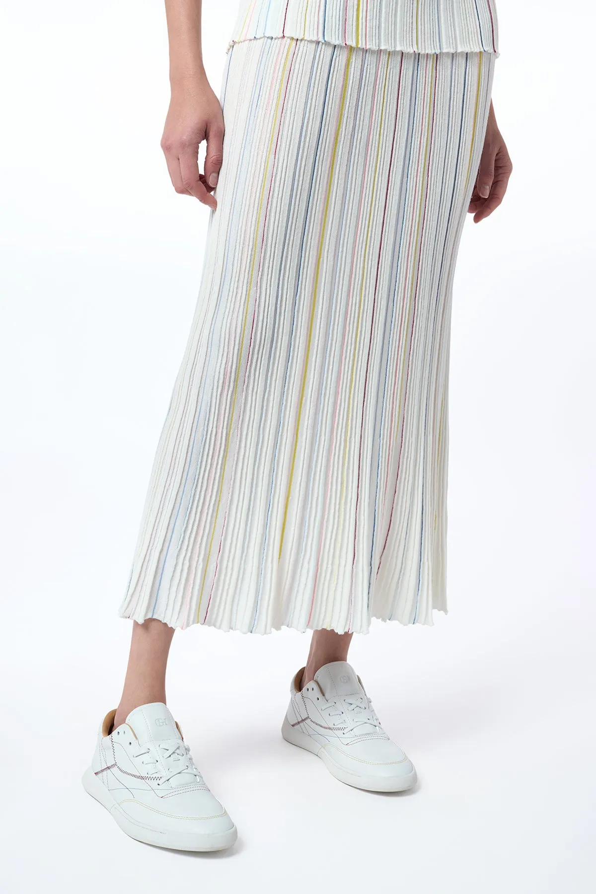 Celeano Pinstripe Knit Midi Skirt in Ivory Multi Merino Wool Simple Layers