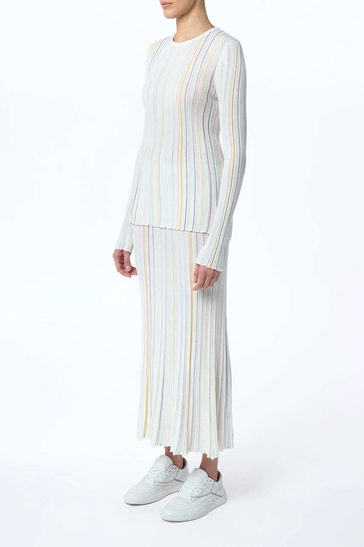 Celeano Pinstripe Knit Midi Skirt in Ivory Multi Merino Wool Gather Details Fashion Forward