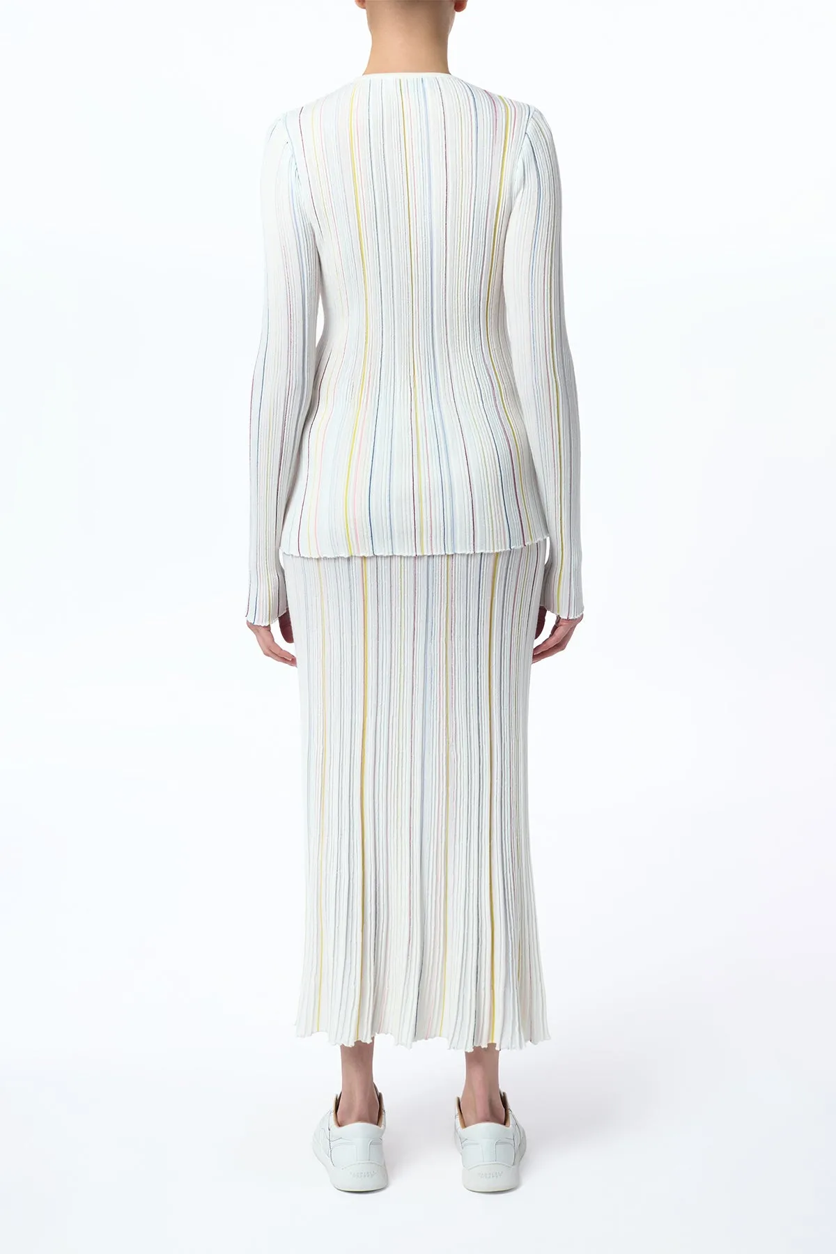 Celeano Pinstripe Knit Midi Skirt in Ivory Multi Merino Wool Lake Glow