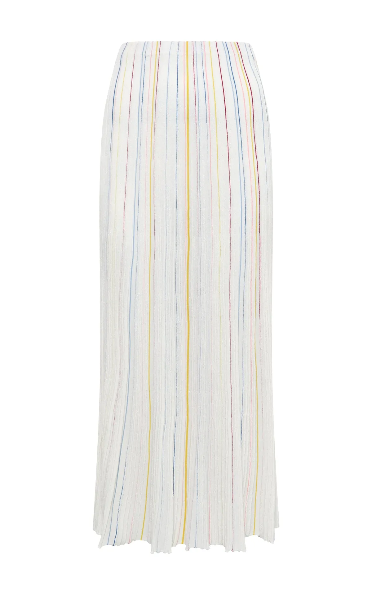Celeano Pinstripe Knit Midi Skirt in Ivory Multi Merino Wool Stretchable Waistband ThermalRegulating Layer