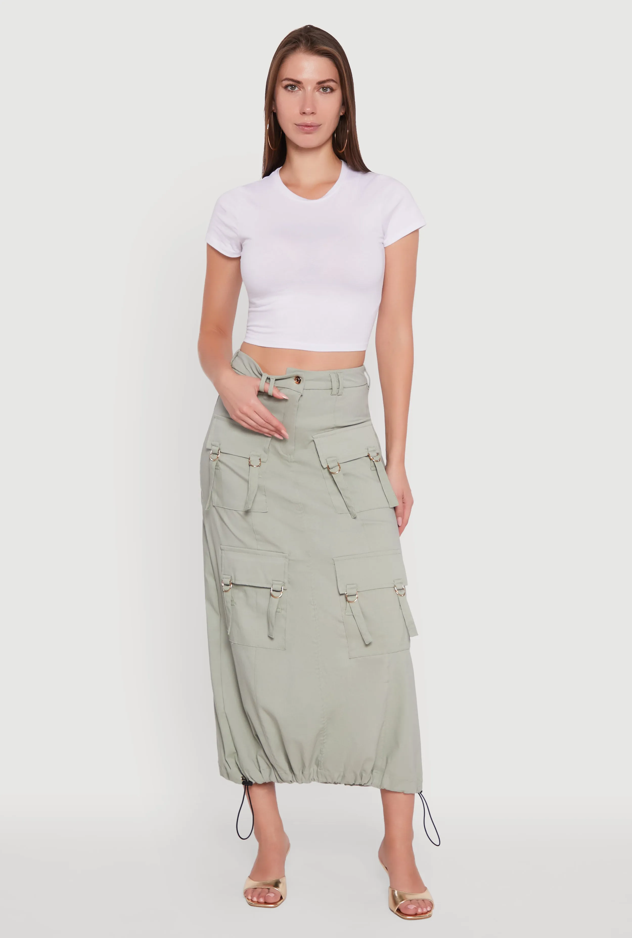 High Waisted Solid Maxi Skirt with Cargo Pockets Neutral Tone Pure Vibes