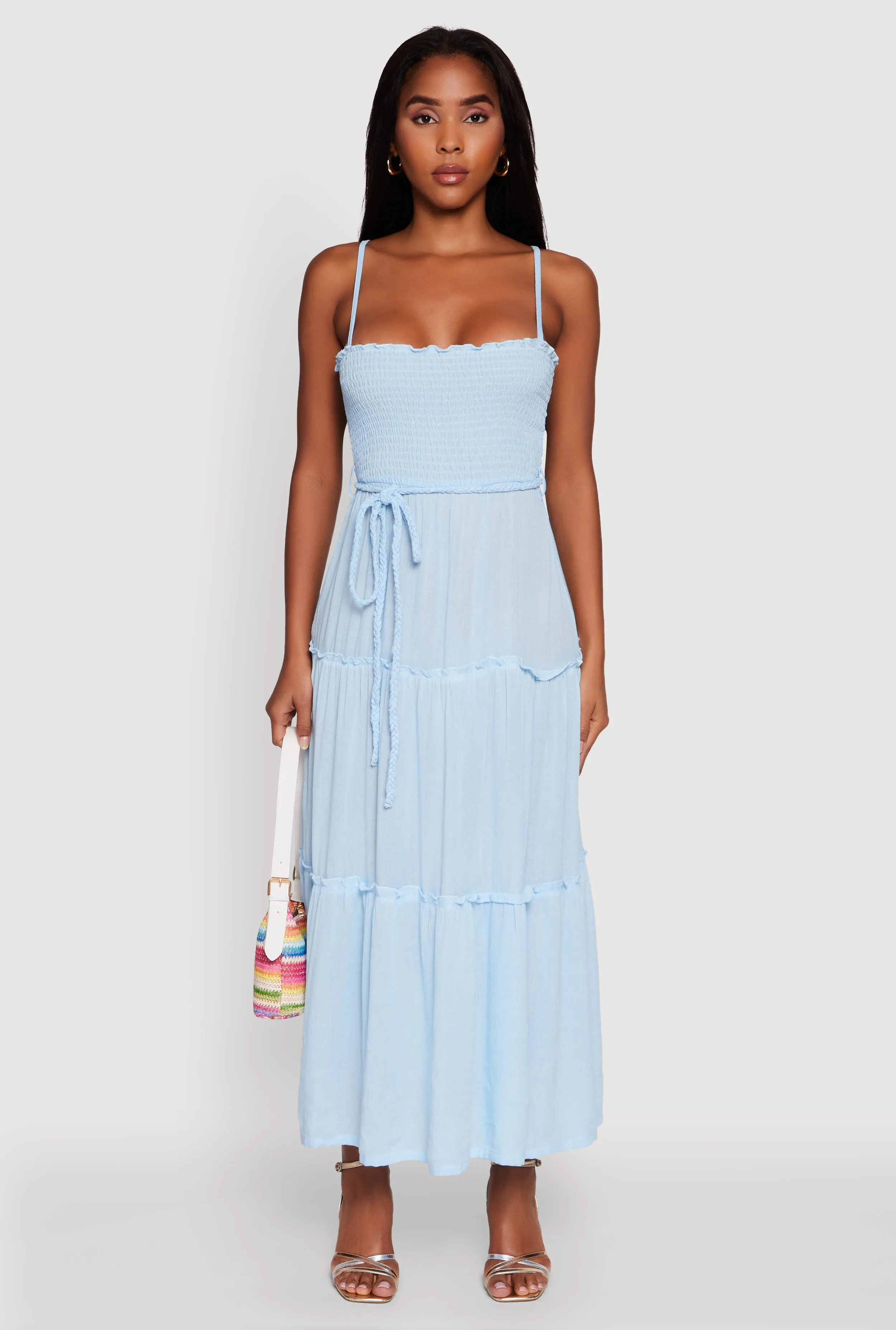 Silver Glow Tiered A-Line Maxi Dress with Tie Waist Belt