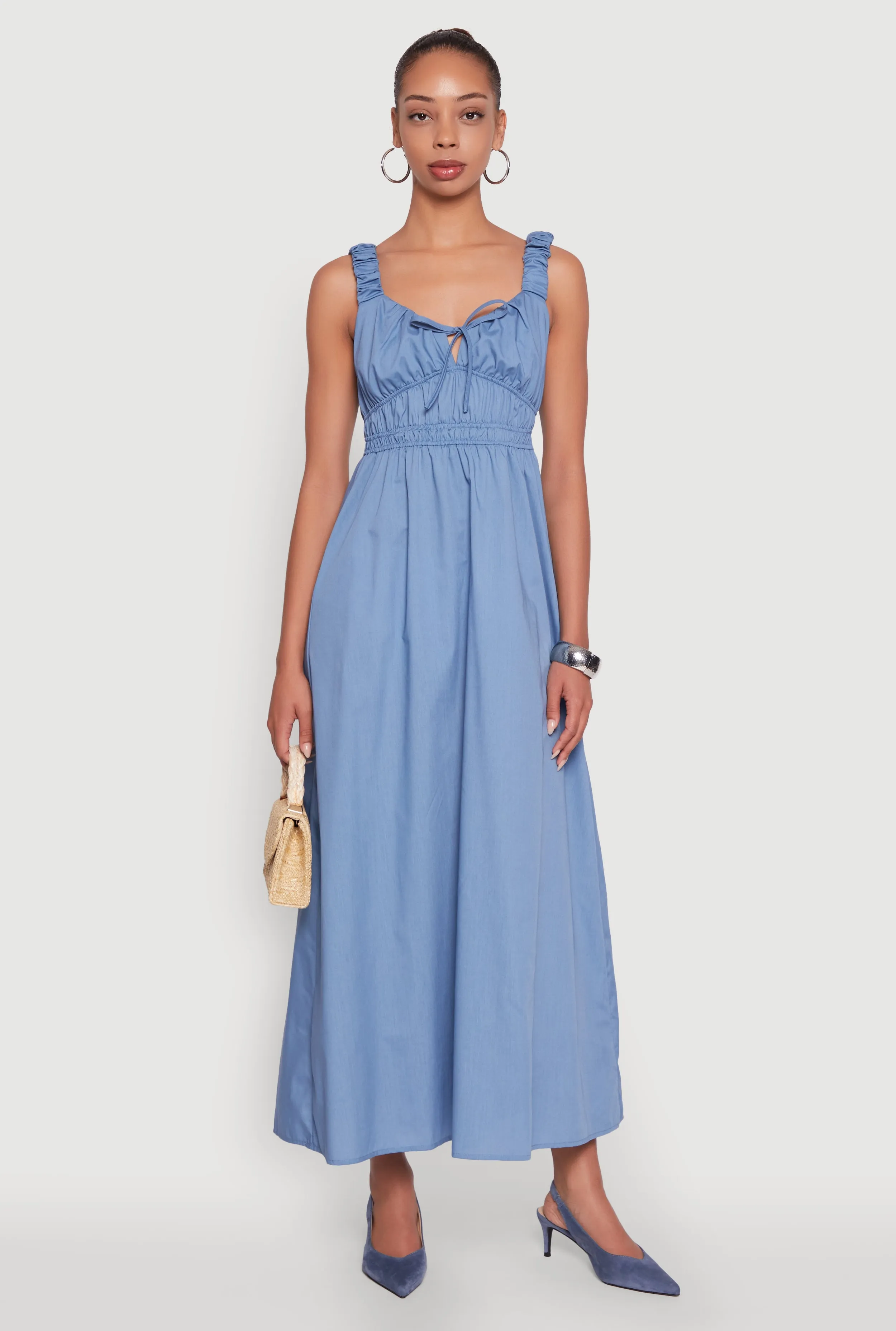 The long length of this dress provides ample coverage while remaining stylish Classic Grace Poplin Sleeveless Scoop Neck Tie Front Maxi Dress