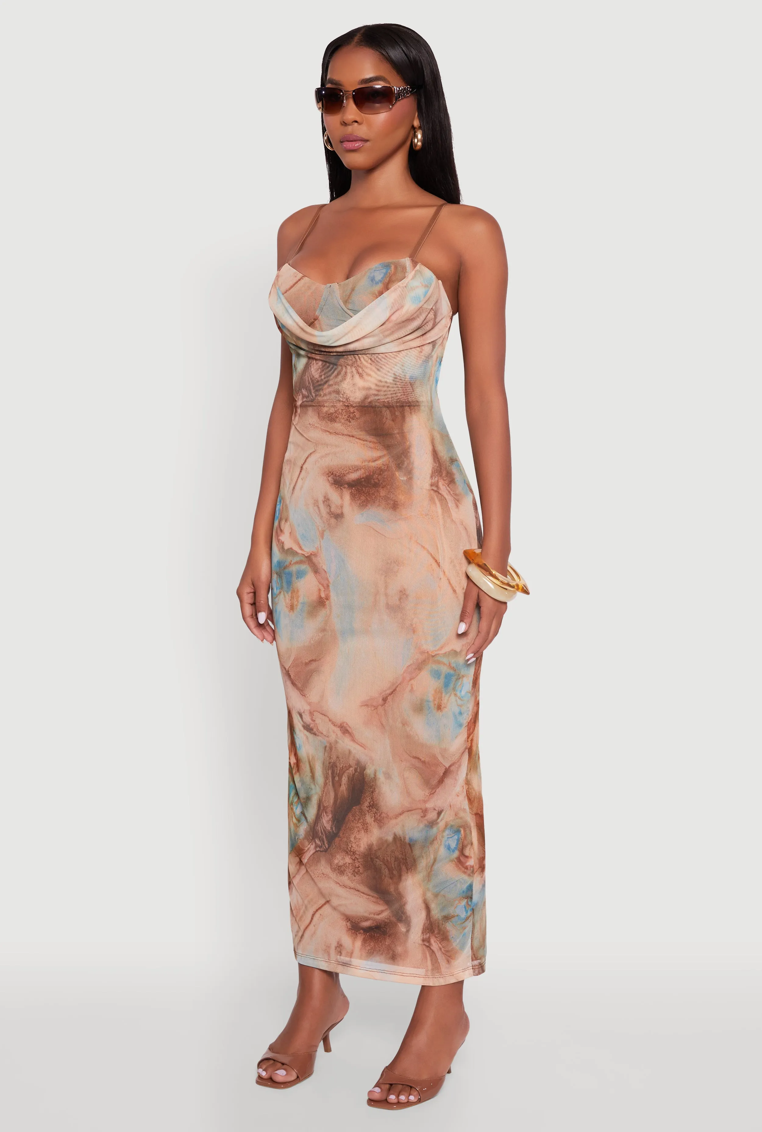 Printed Pattern Open Back Cowl Neck Mesh Maxi Dress A-Line Cut