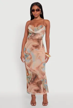 Printed Pattern Open Back Cowl Neck Mesh Maxi Dress Air Glow The versatile design of this maxi dress makes it perfect for a variety of occasions