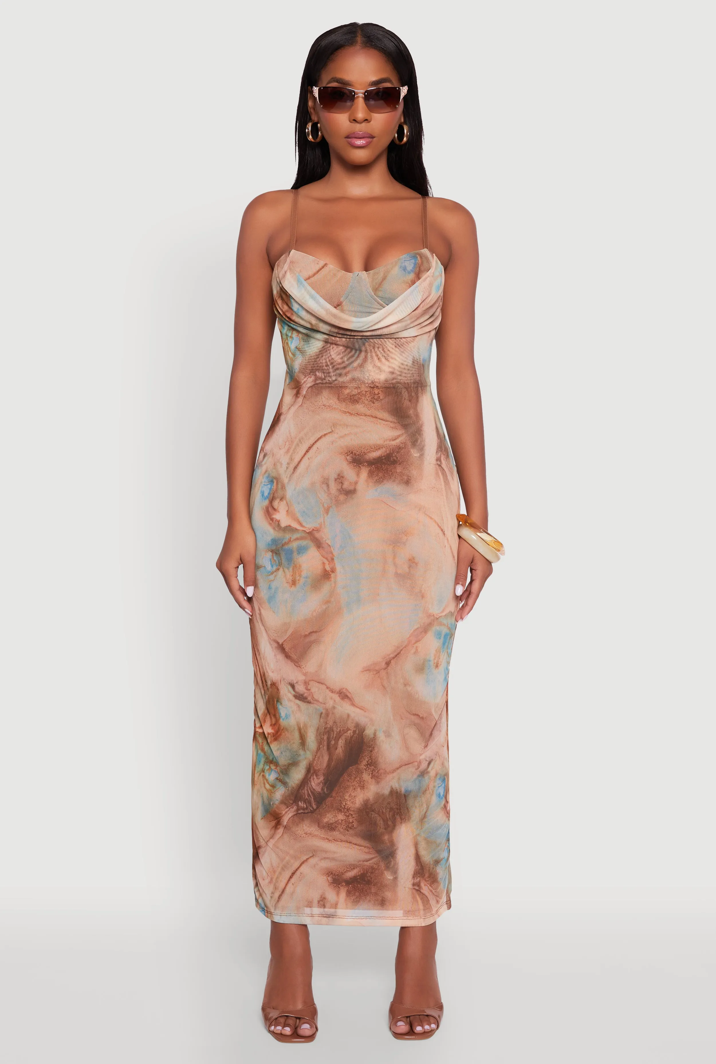 Vibrant colored maxi Soft Move Printed Pattern Open Back Cowl Neck Mesh Maxi Dress