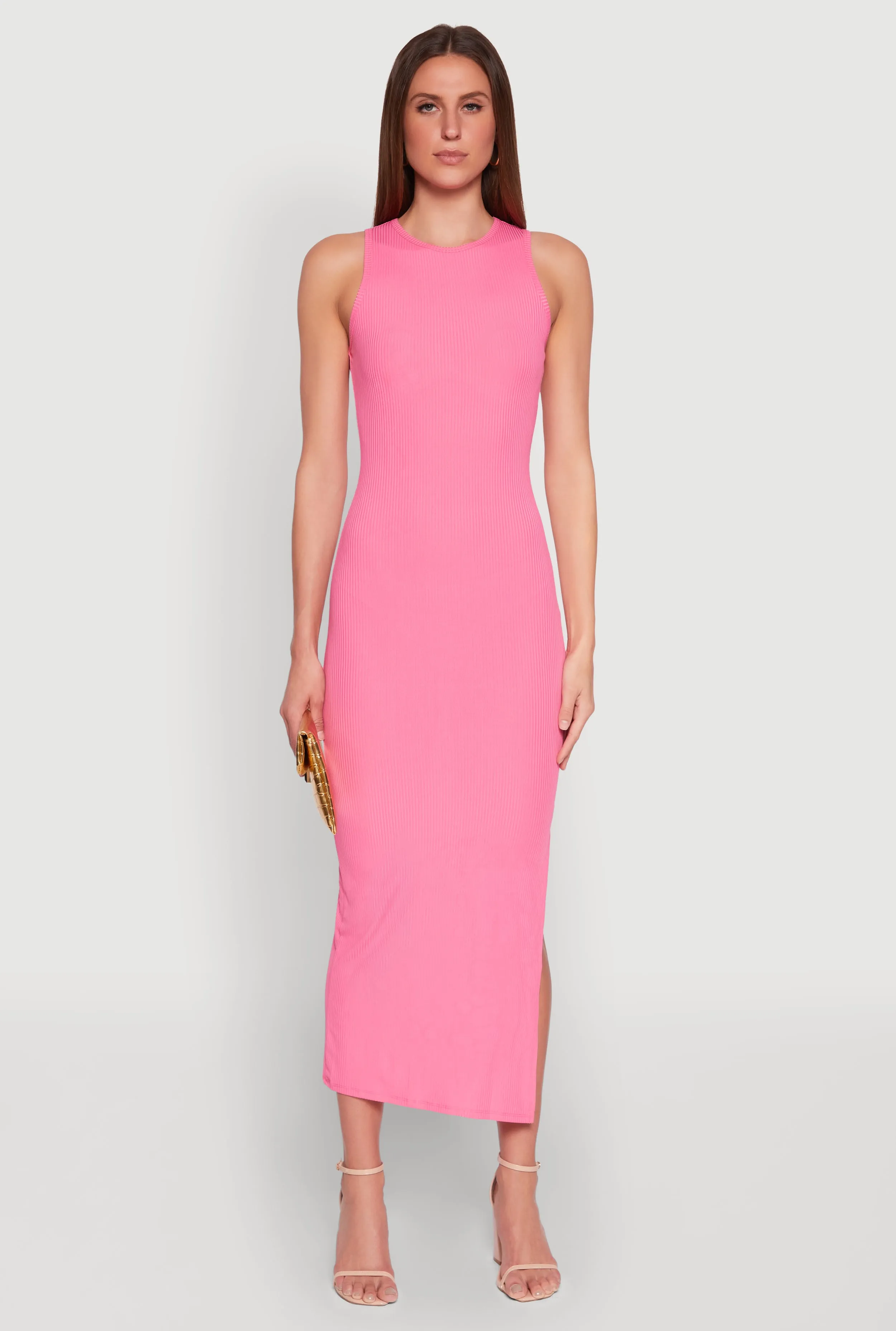 Rib Knit Side Slit Maxi Dress Golden Dune Georgette Glow