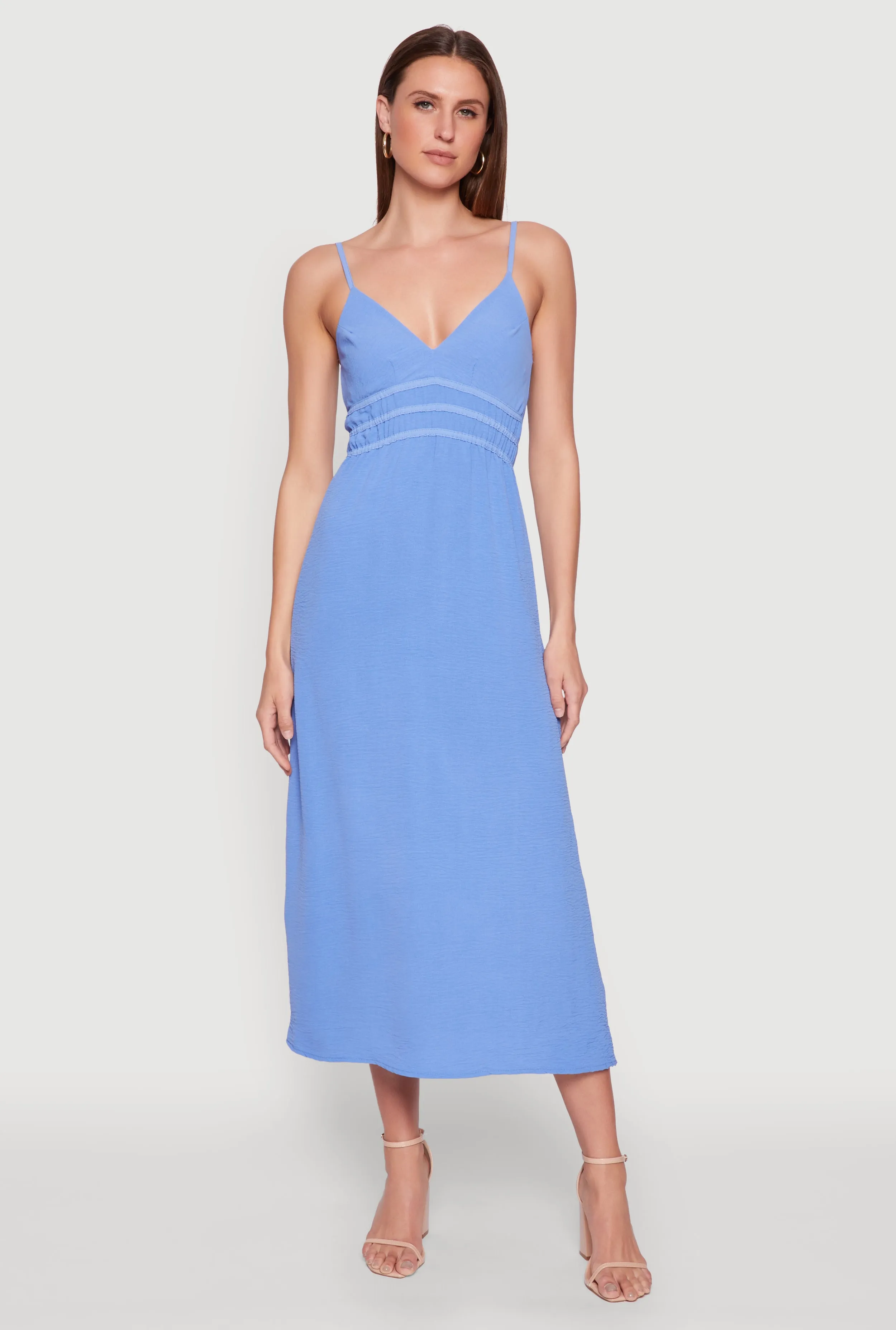 Chambray Light V Neck Empire Waist Maxi Dress