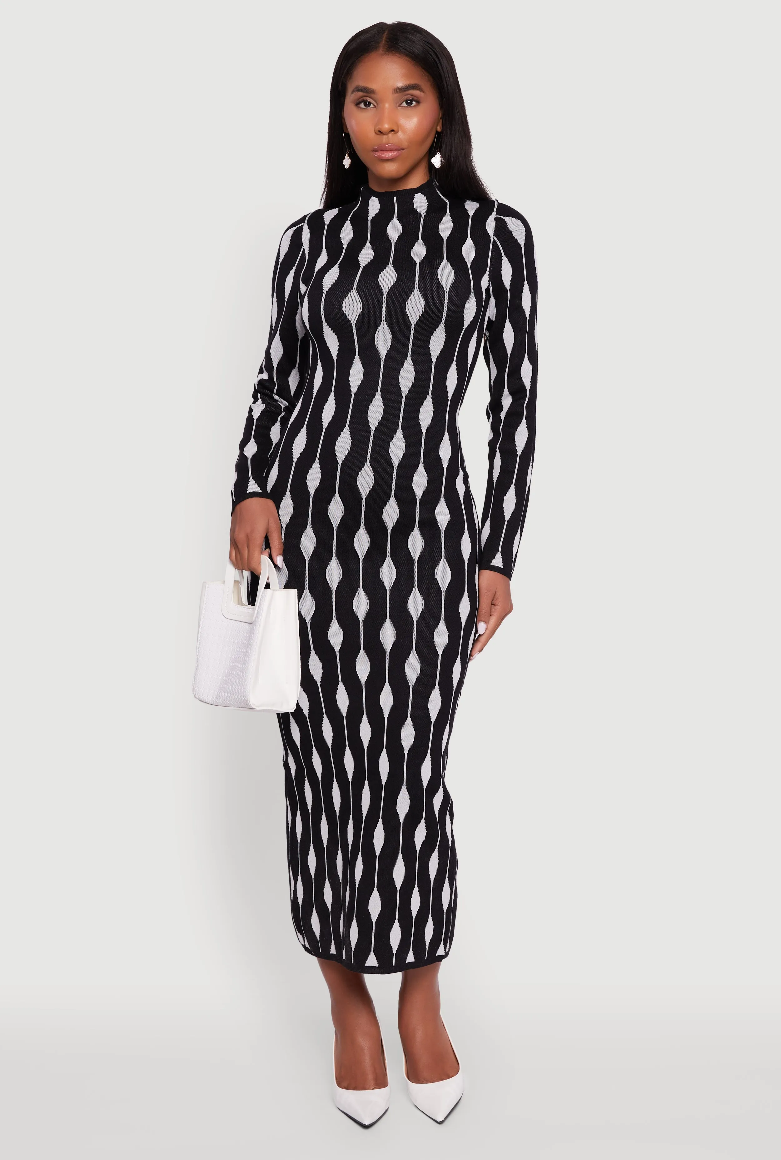 old town Soft Move Chic Long Sleeve Printed Pattern Bodycon Sweater Dress