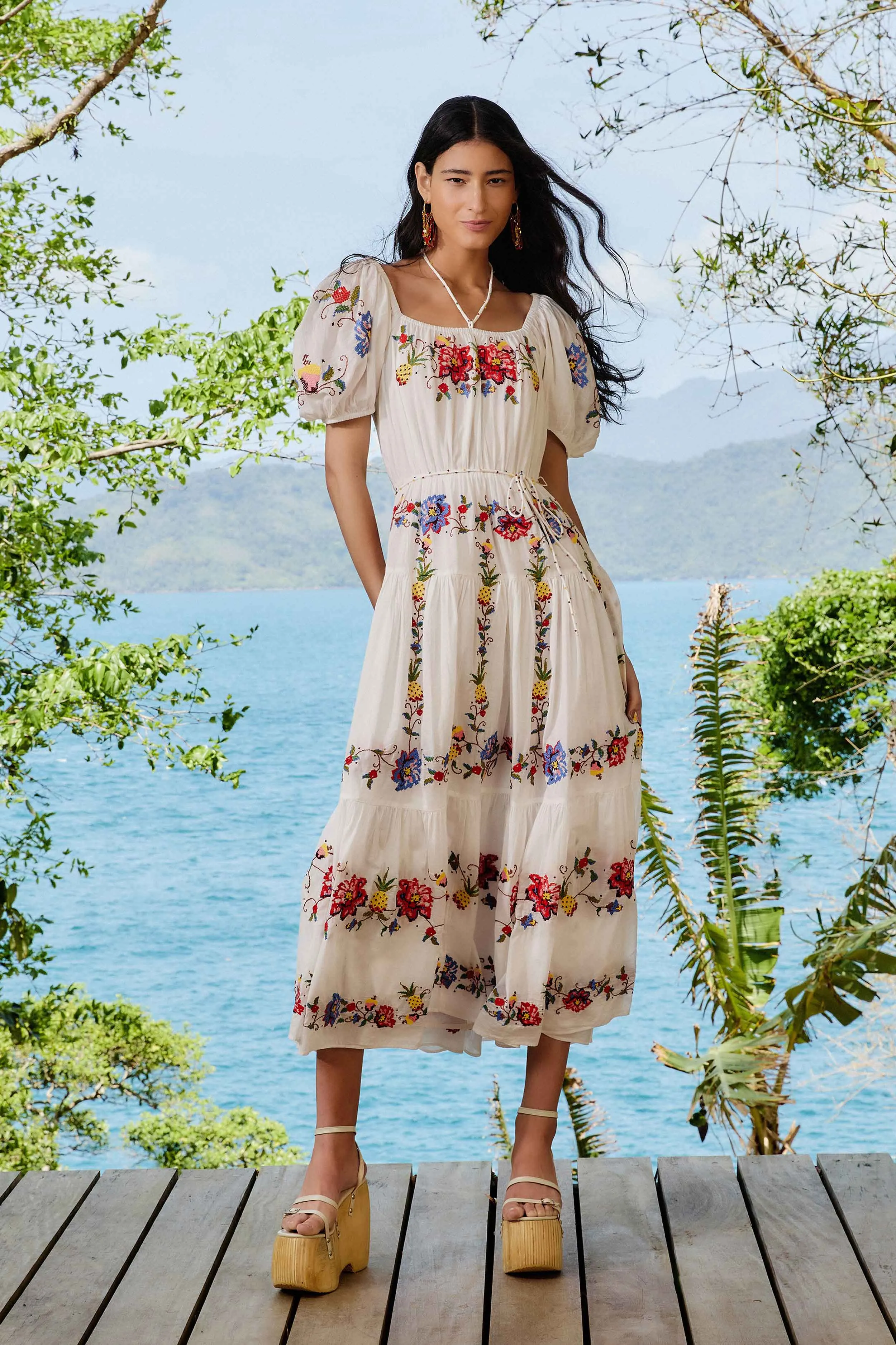Plaza Glow Spring Bloom Off-White Tropical Porcelain Embroidered Maxi Dress