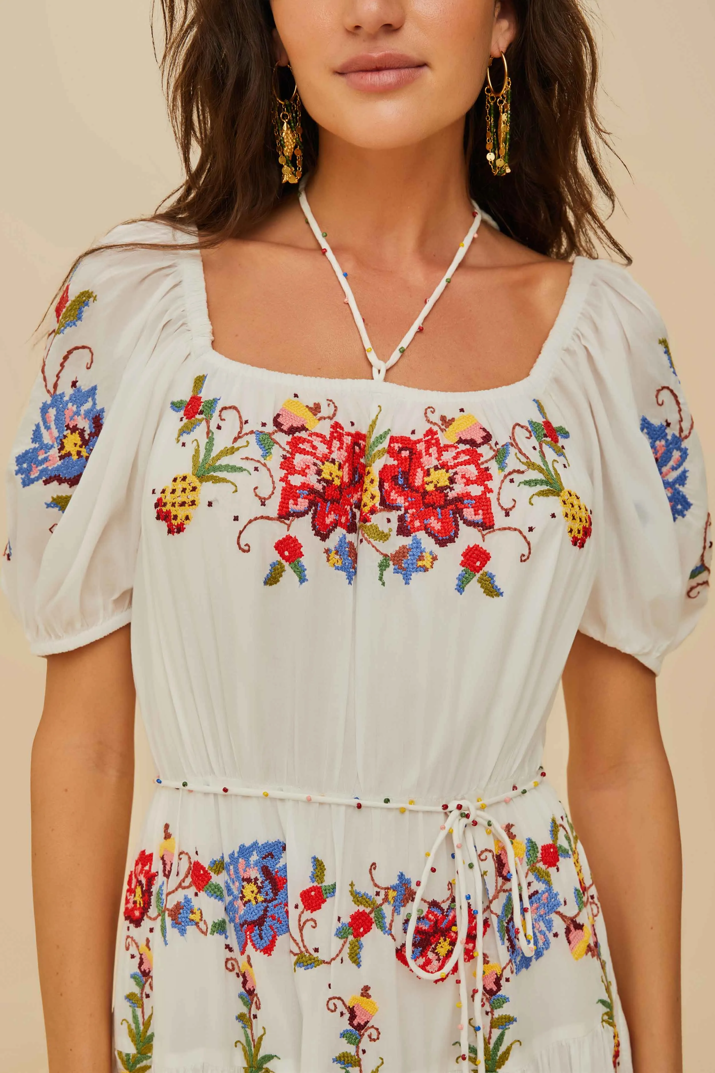 Trendy evening gown Noon Glow Off-White Tropical Porcelain Embroidered Maxi Dress
