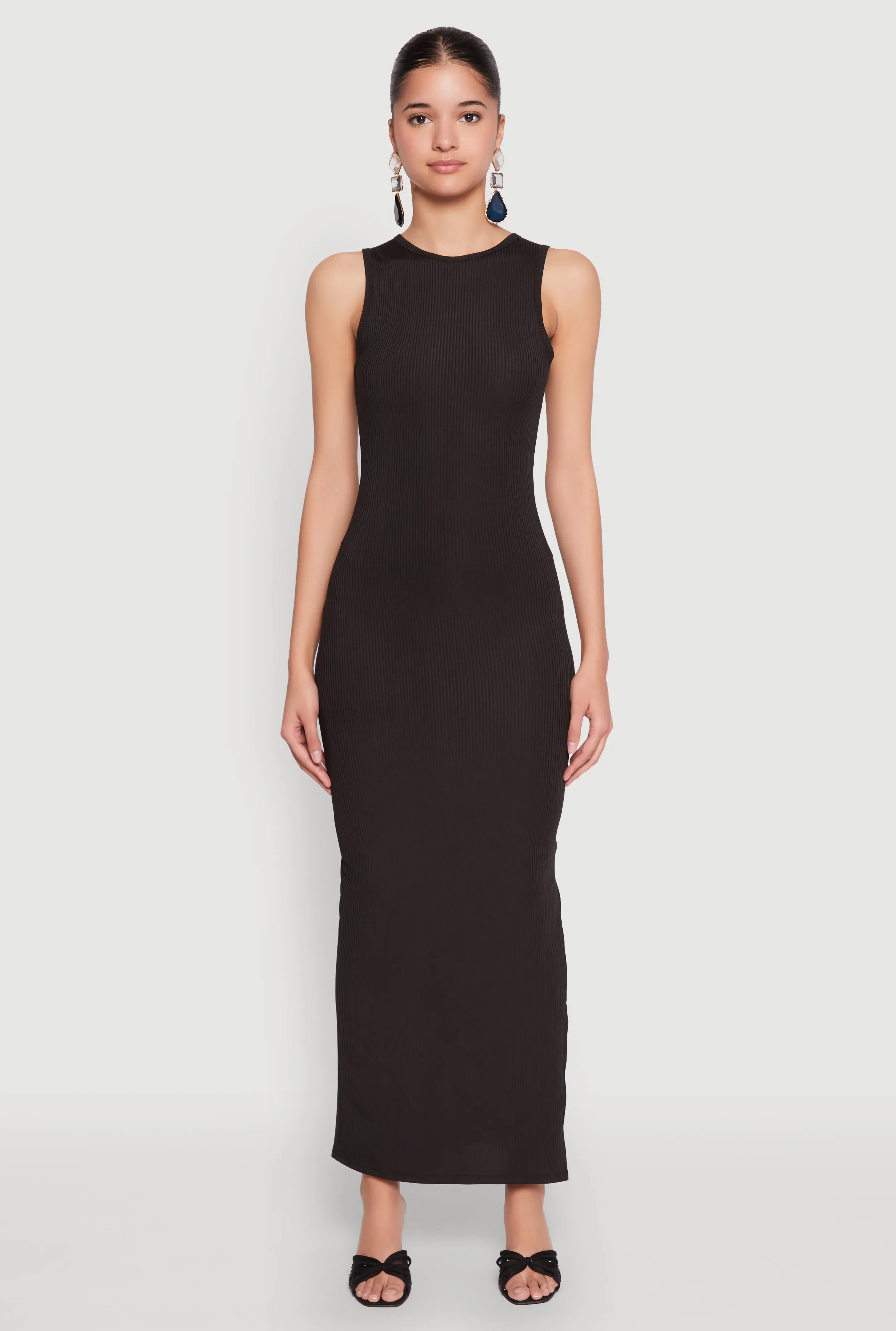 Rib Knit Side Slit Maxi Dress Metallic Pop