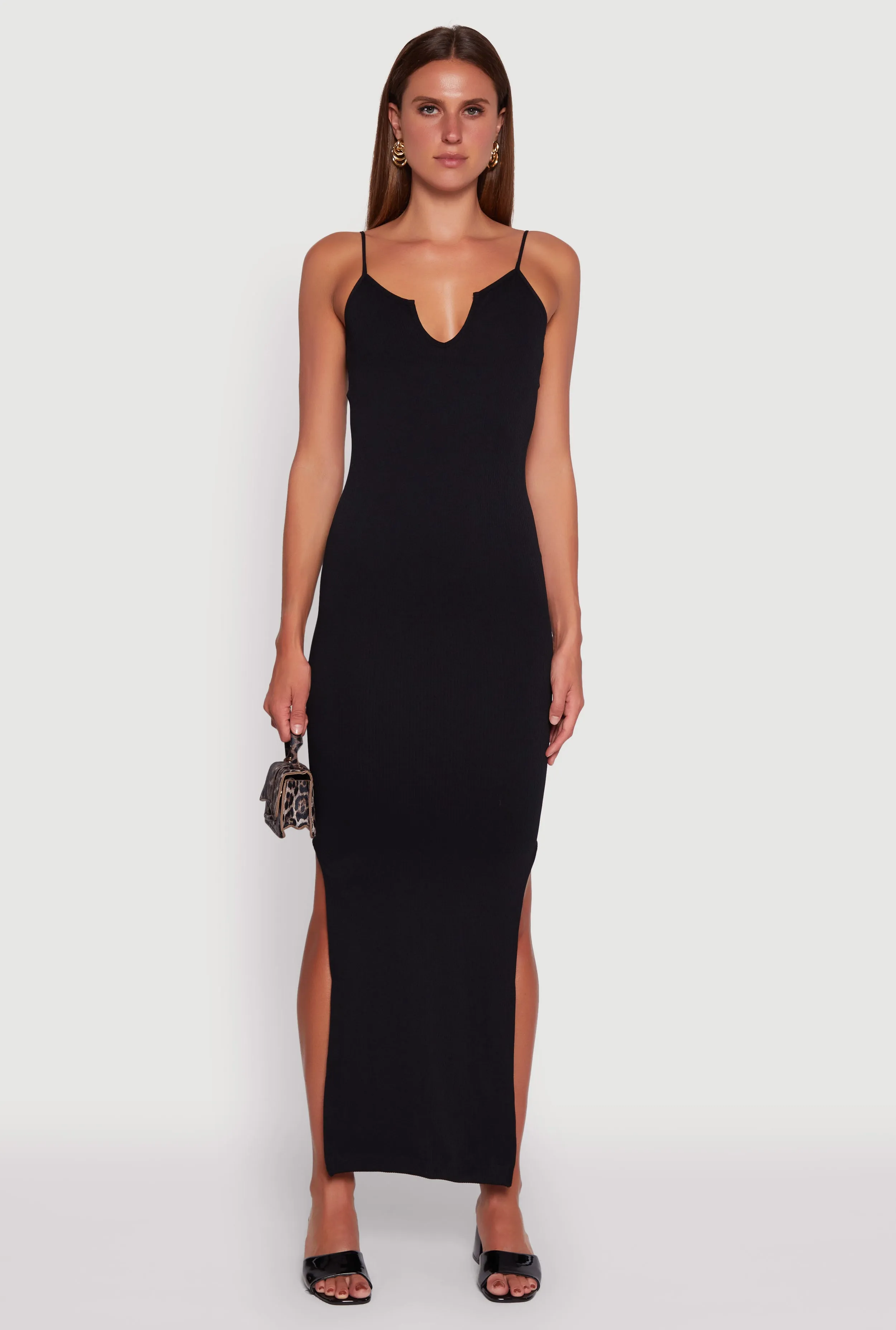 Flowing chiffon dress Ribbed Knit Sleeveless Notch Neck Maxi Dress
