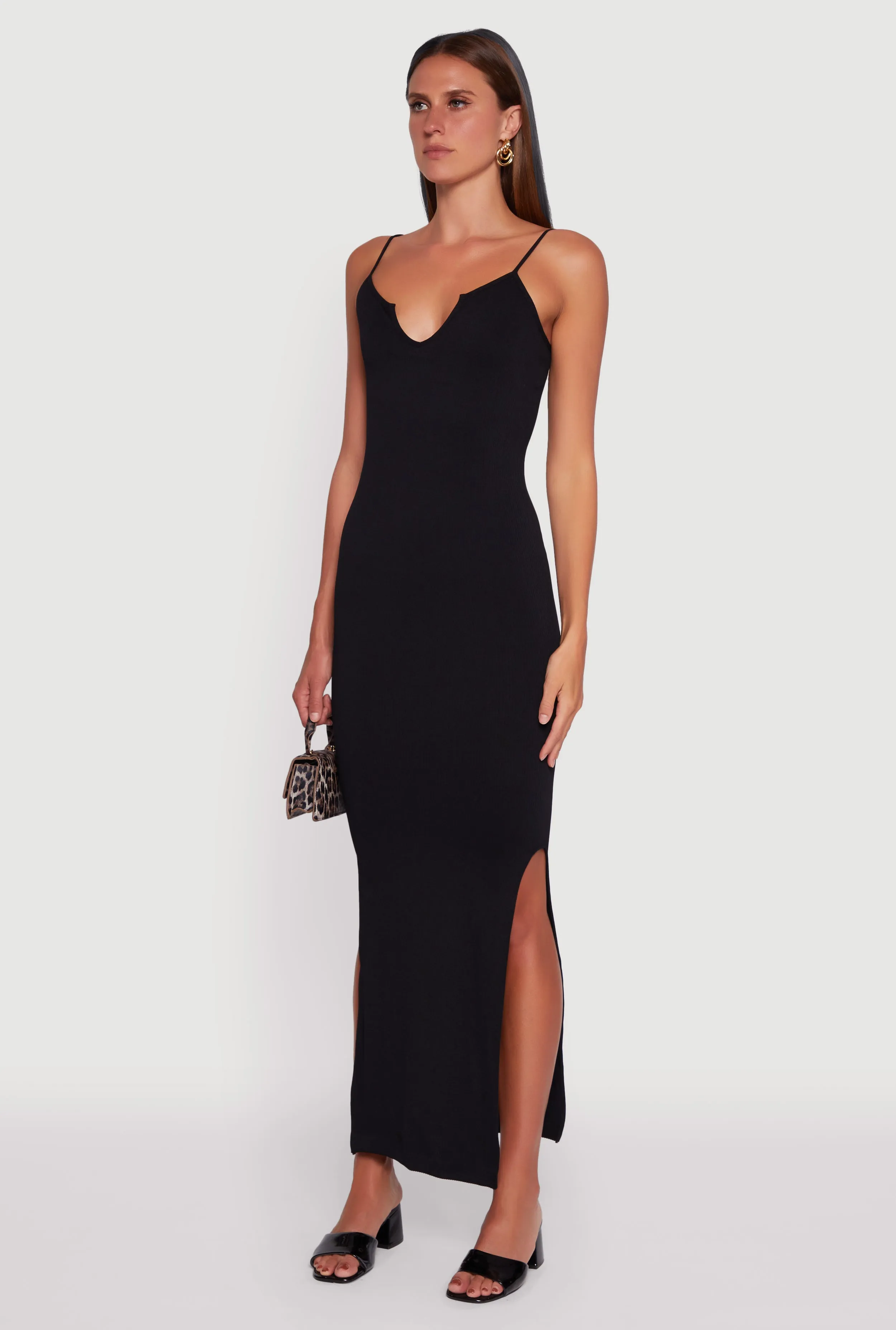 Ribbed Knit Sleeveless Notch Neck Maxi Dress Trim Art