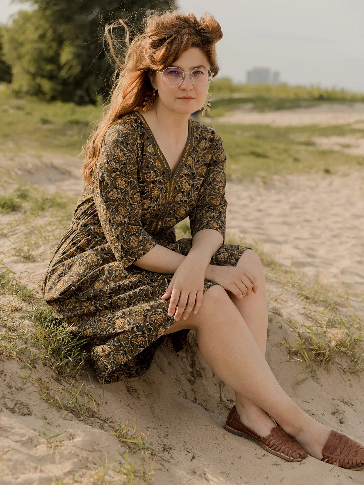 Jaya Half Sleeve Dress - Olive Kalamkari All Day