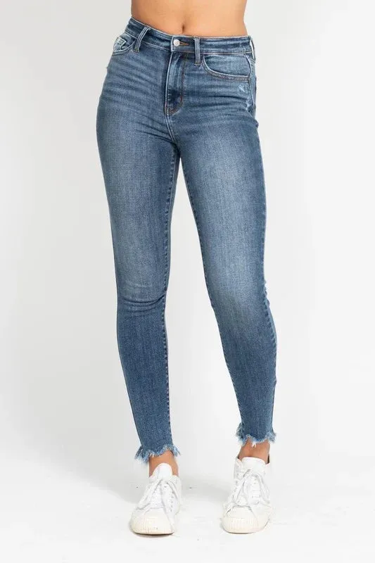 hypoallergenic material Judy Blue High Waist Skinny Destructed Shark Bite Hem
