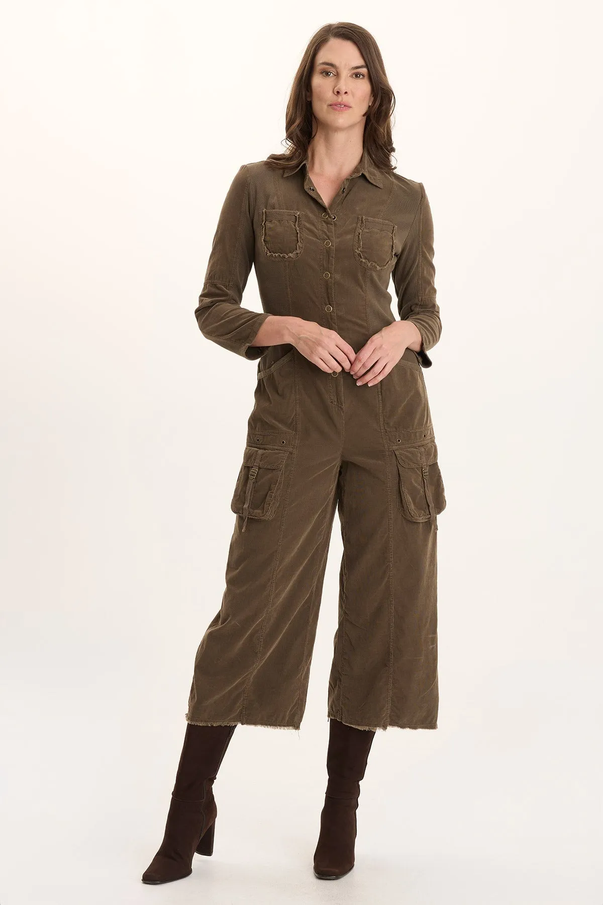 Comfort waistband Seamless Sleeve Construction Kaisa Corduroy Long-Sleeve Cargo Jumpsuit