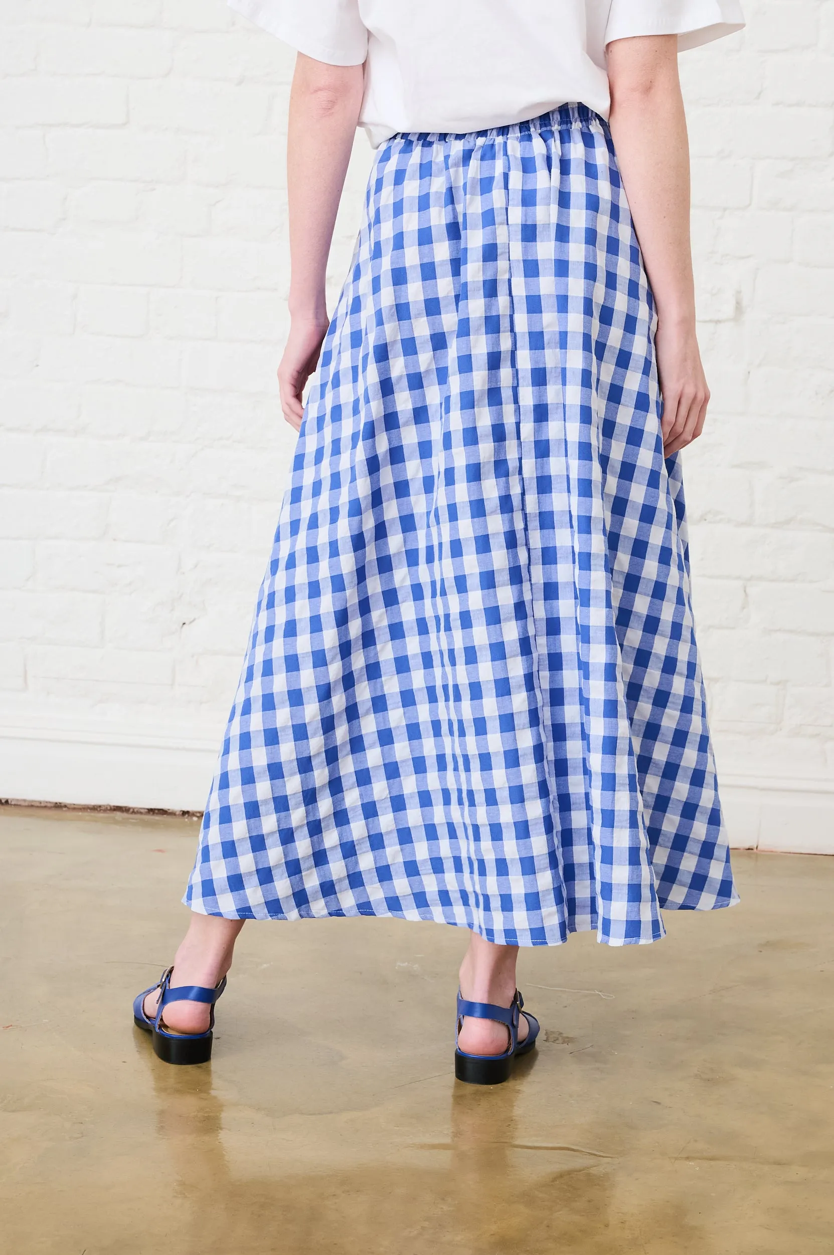 Foldable Packability Bold Cut Maxi Skirt in Blue Gingham