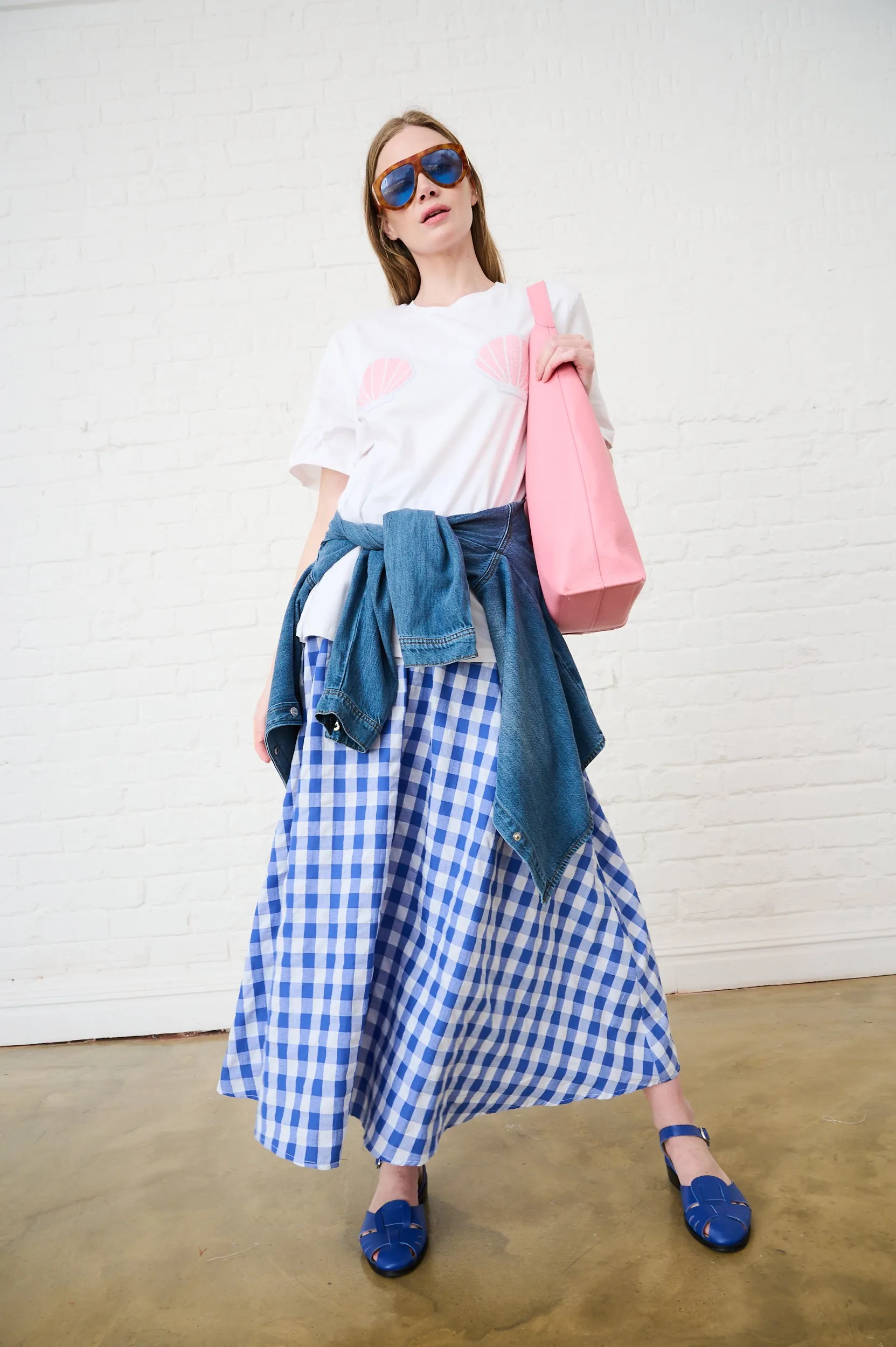 Delicate Texture Maxi Skirt in Blue Gingham