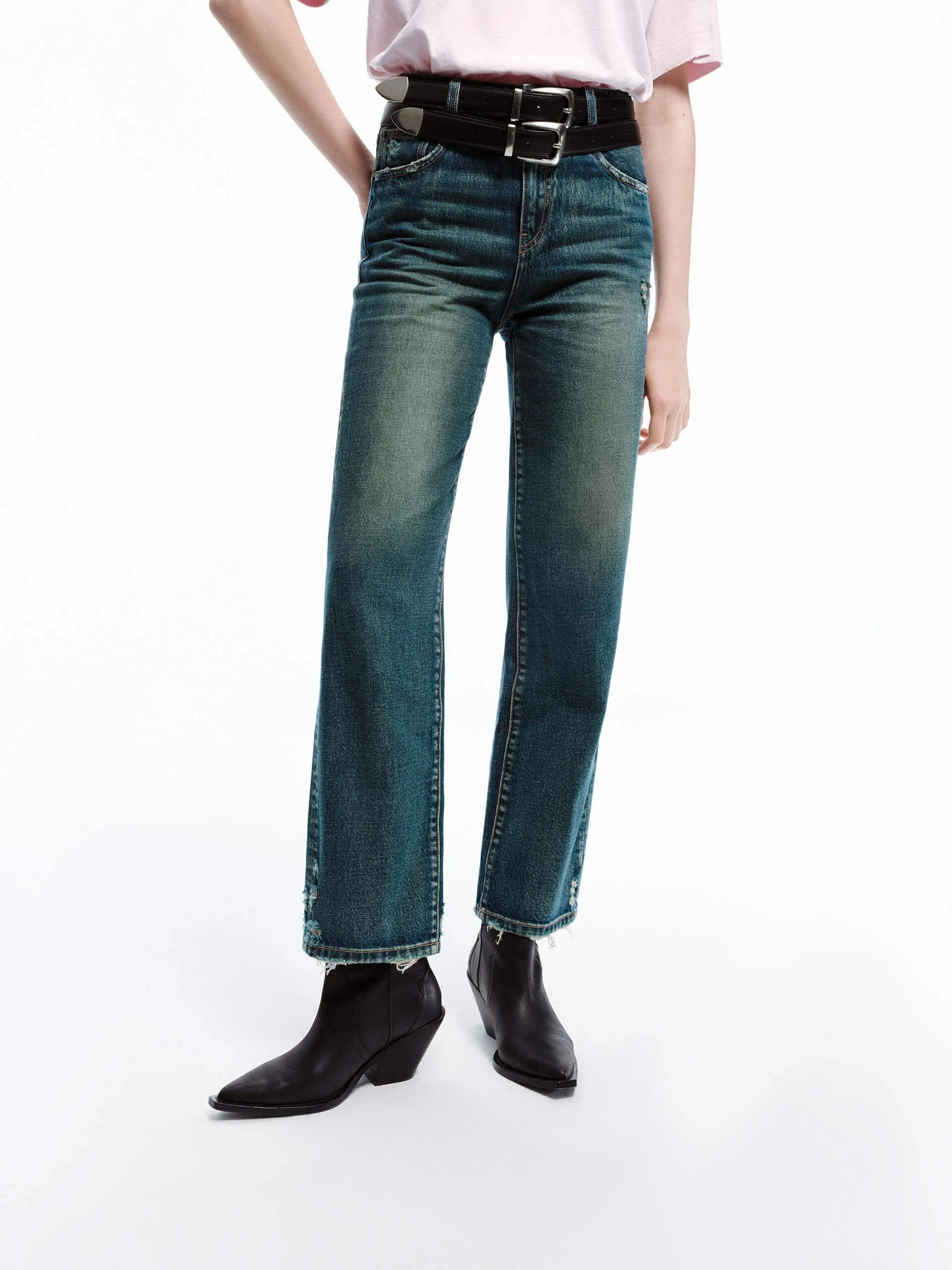 Frayed Detail Straight Jeans Responsible Denim Production Formal Fashion Lover
