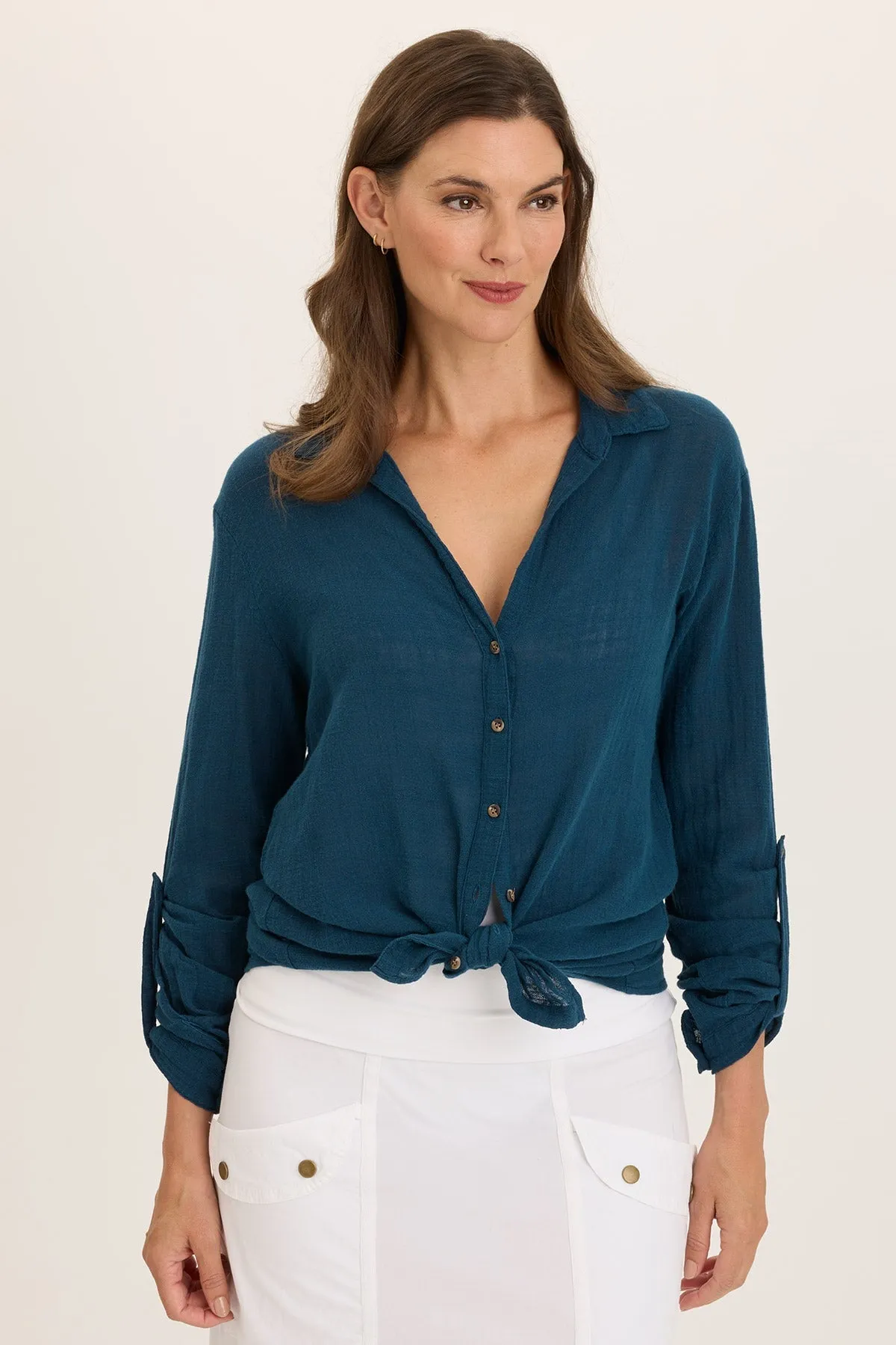 Brave Fit Porter Gauze Curved Hem Button-Up Top
