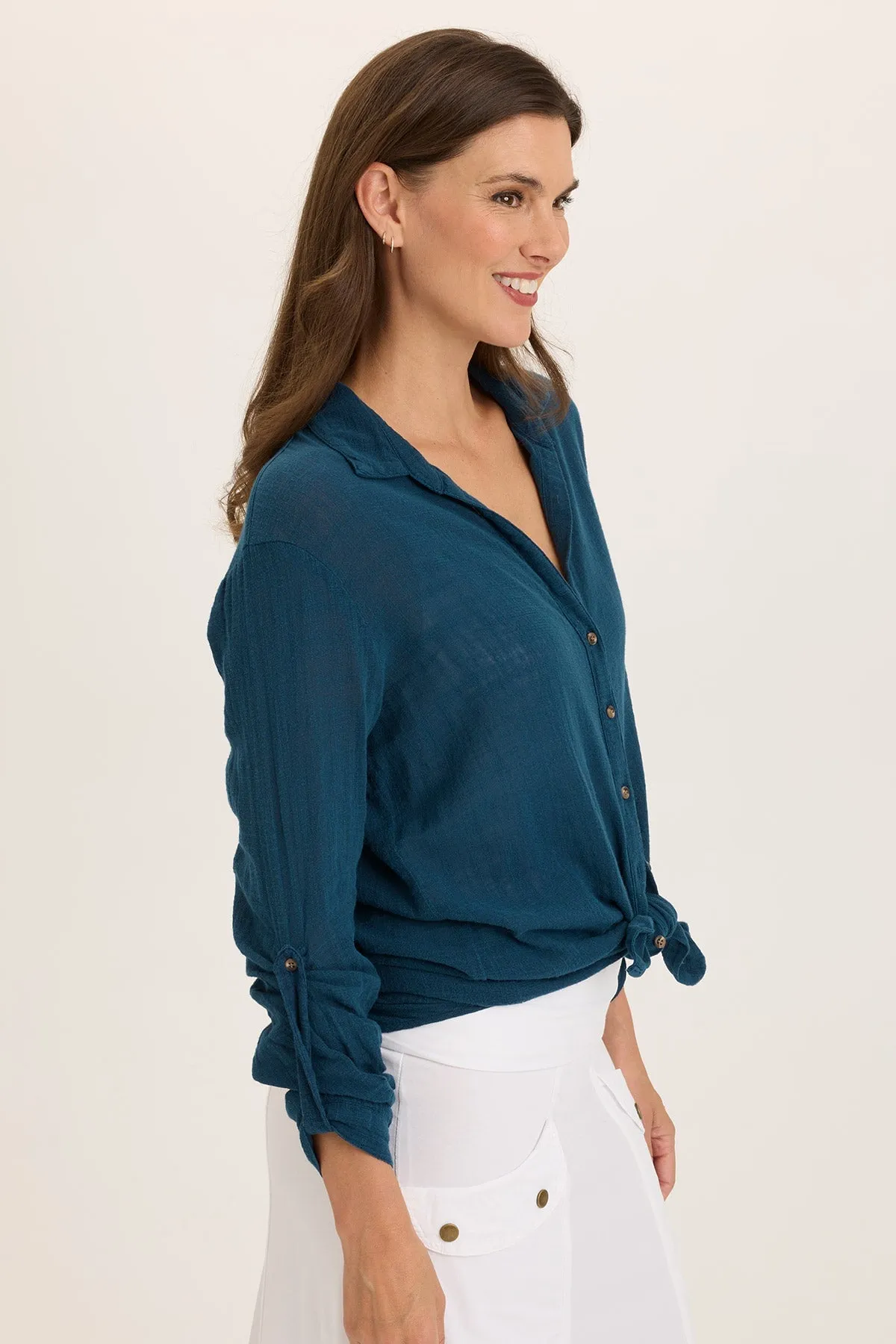 New Yorker AbrasionFreeZone Porter Gauze Curved Hem Button-Up Top