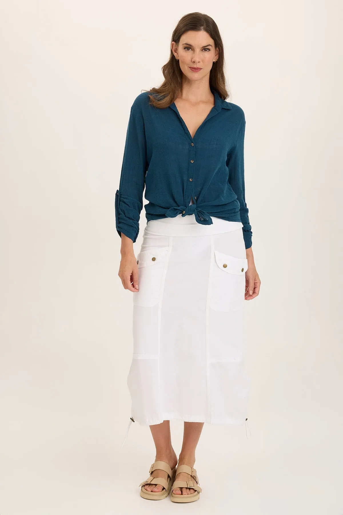 Porter Gauze Curved Hem Button-Up Top OdorResistant