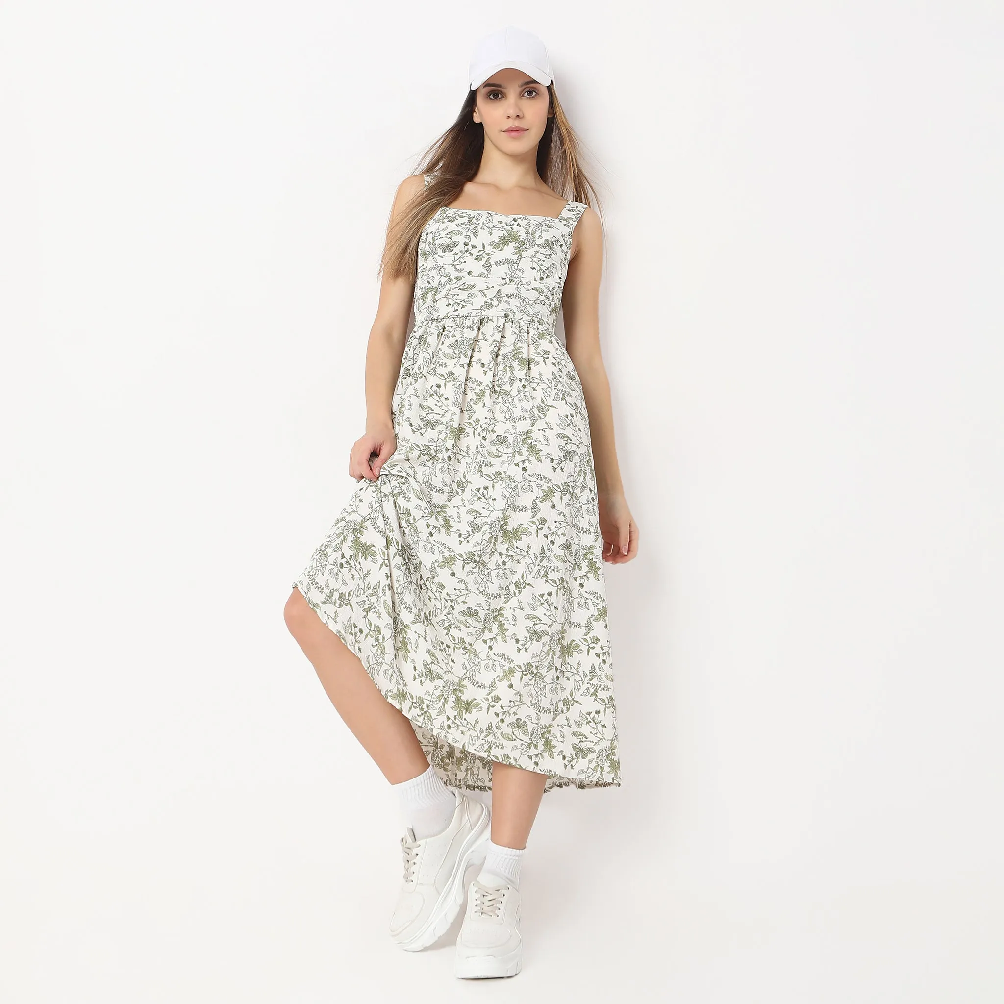 StainRepellentSurface Flare Fit Printed Calf Length Square Neck Betty Sleeveless Dress