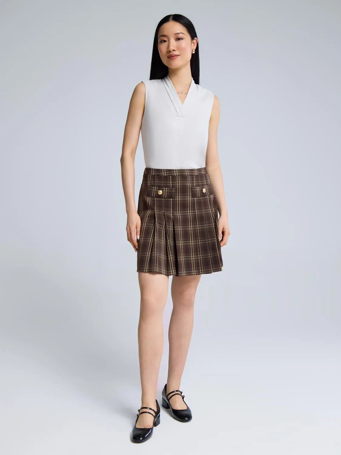 Oversized style Front Pleated Plaid Mini Skirt
