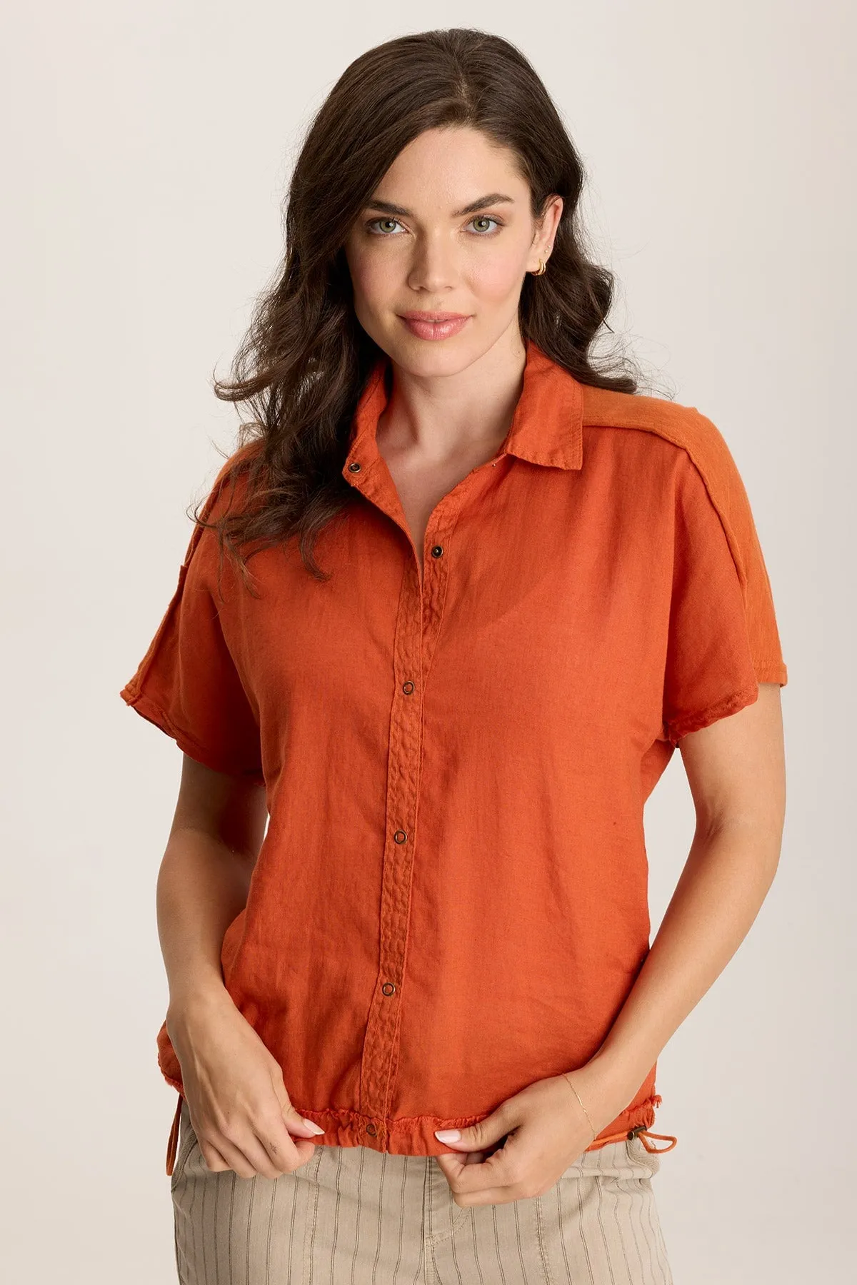 Inola Linen Cinched Button-Up Top AdjustableHemline