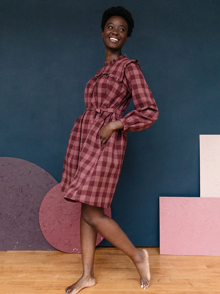 WrinkleResistant Fabric HighCollar Style Soleil Long Sleeve Dress - Plum Gingham