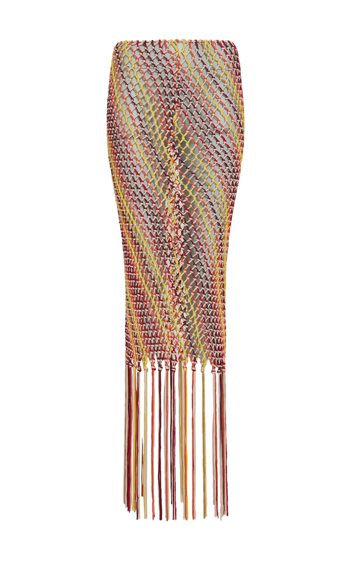 casual finish Adjustable Closure Lycos Fringe Macrame Maxi Skirt in Multi Silk